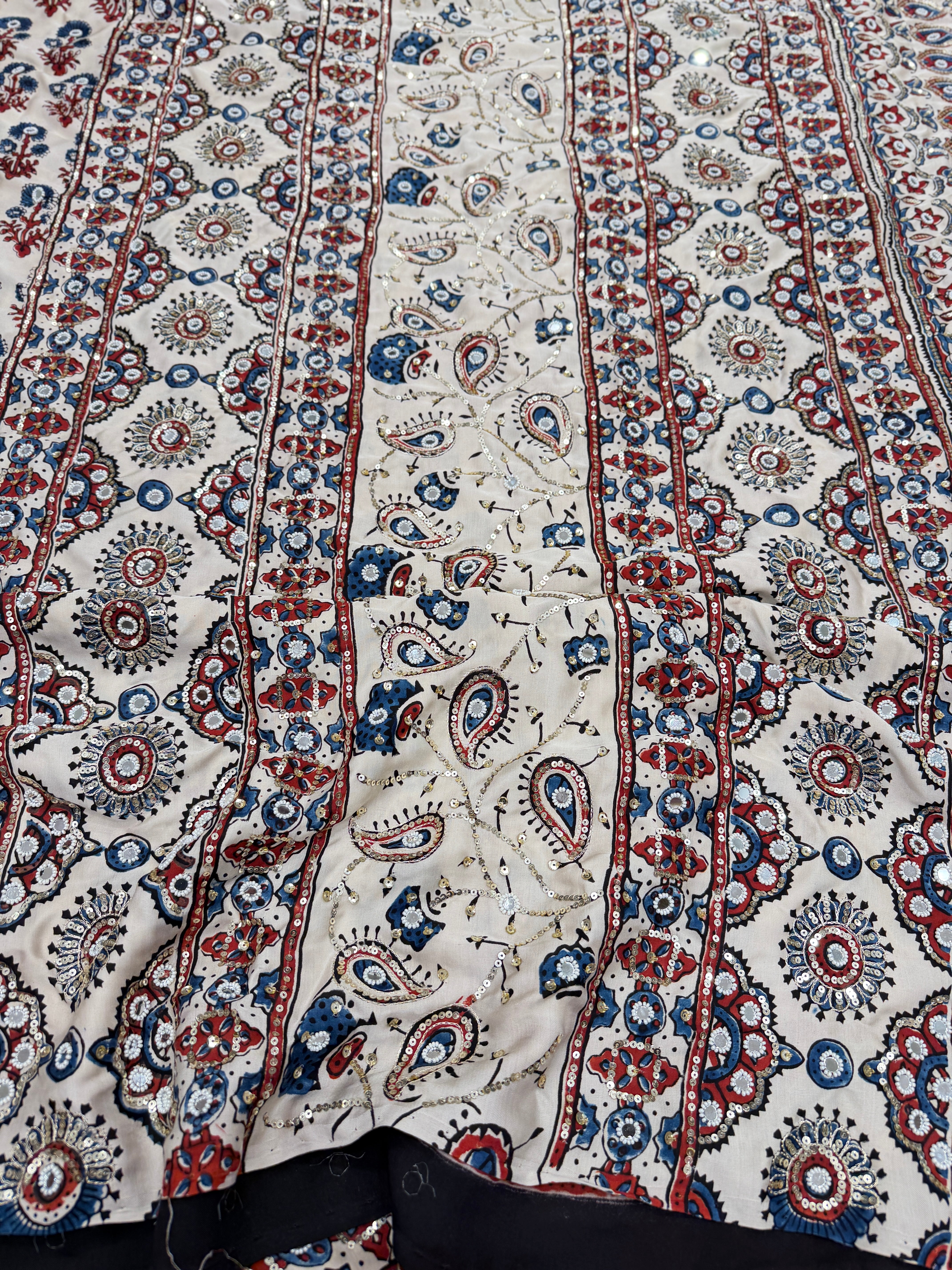 White Ajrakh Real Mirror Moti Sequin Hand Embroidery Saree