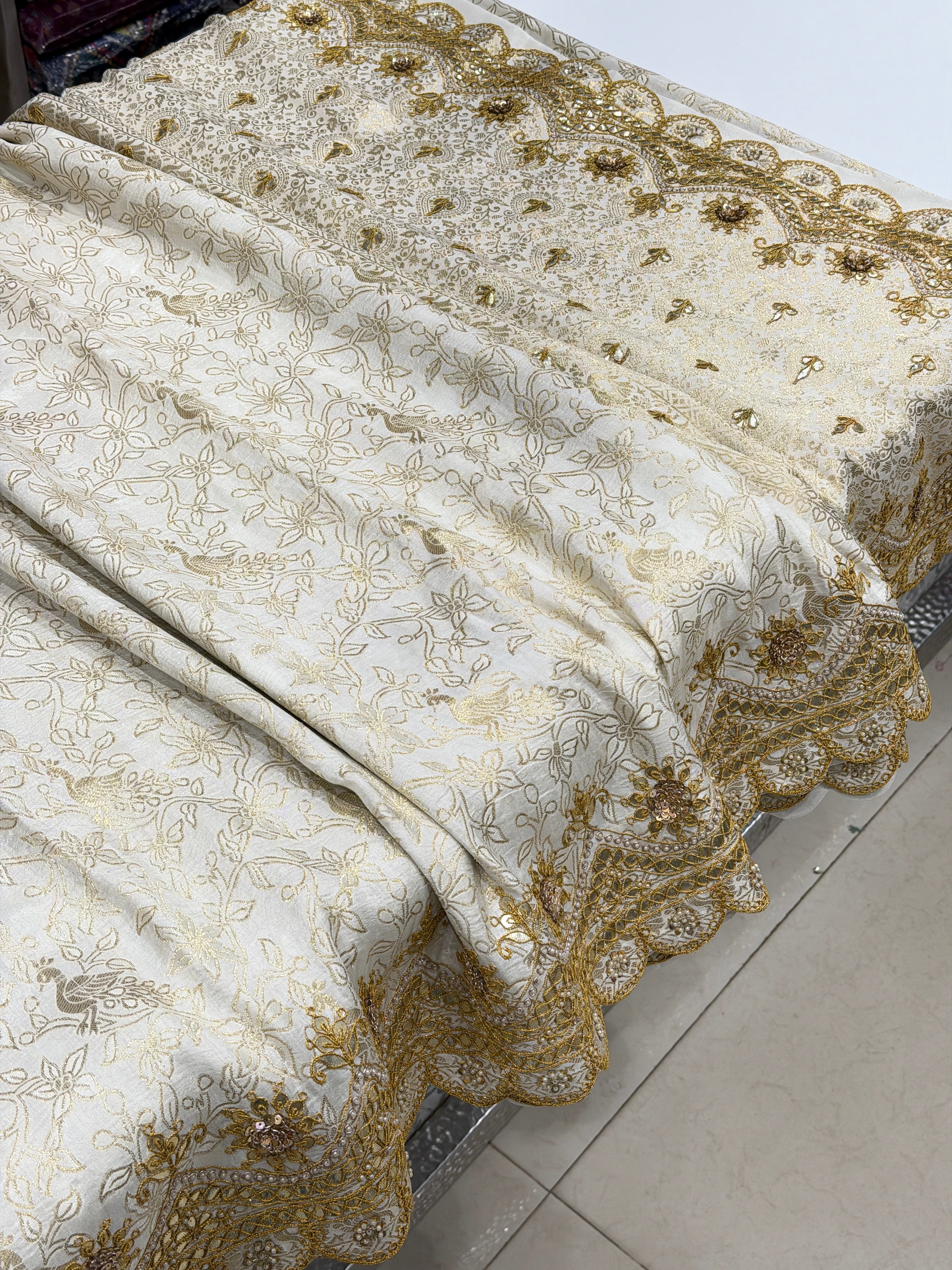 Moti White Banarasi Crepe Hand Gotapatti Marodi Saree