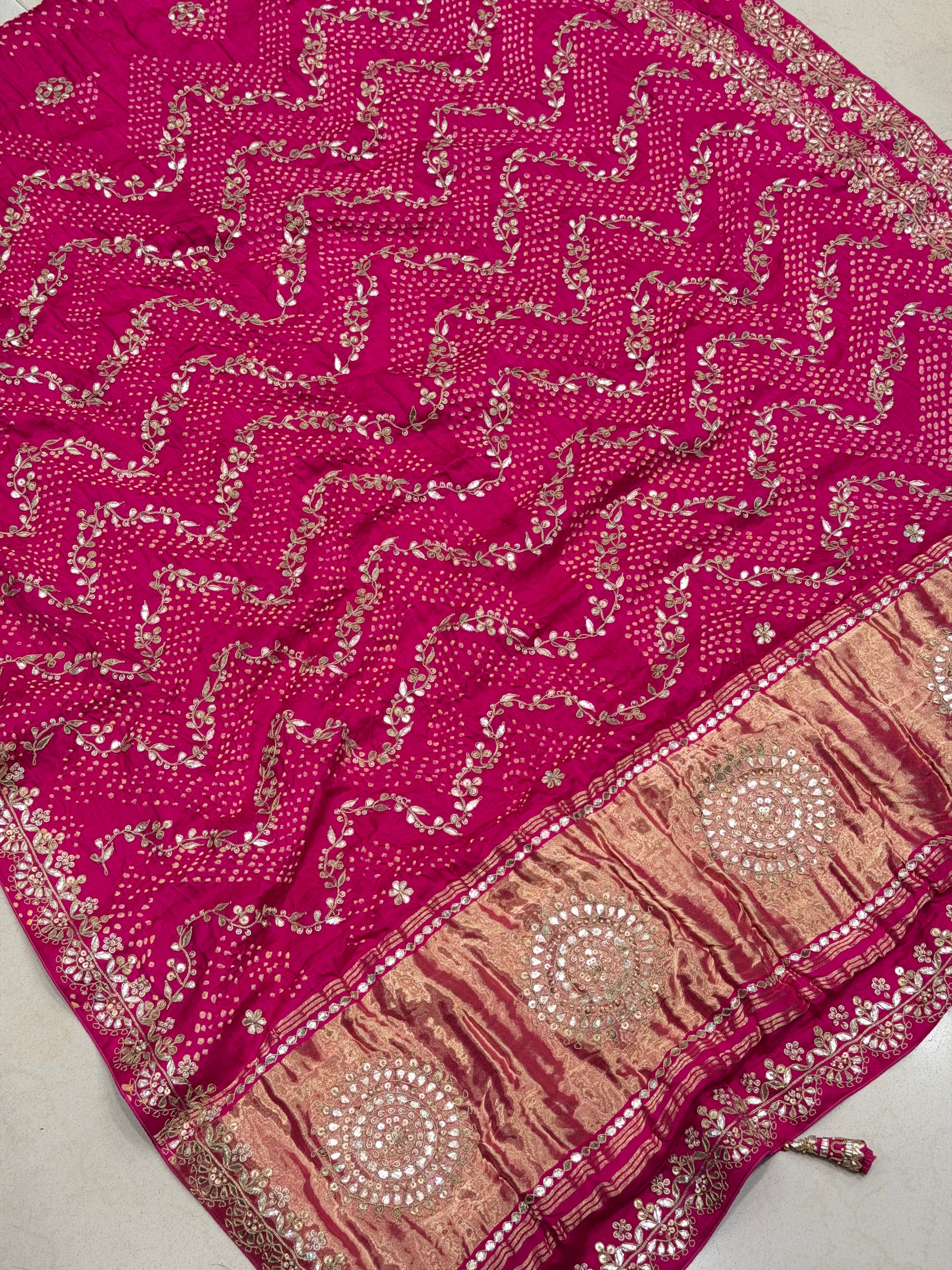 Rani Pink Gajji Silk Rai Bandhej Hand Done Gotapatti Saree