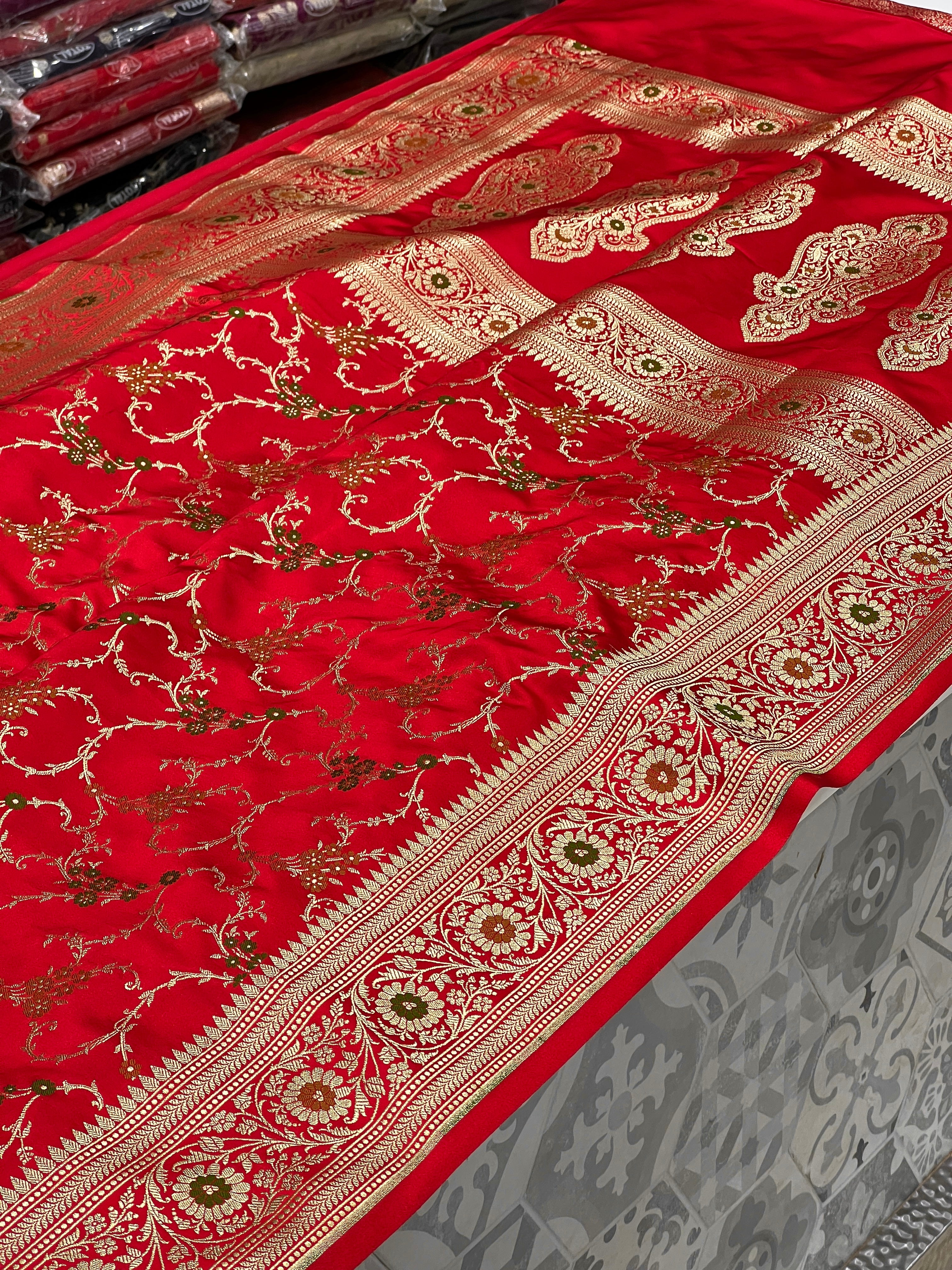 Red Banarasi Silk Jaal Meenakari Saree