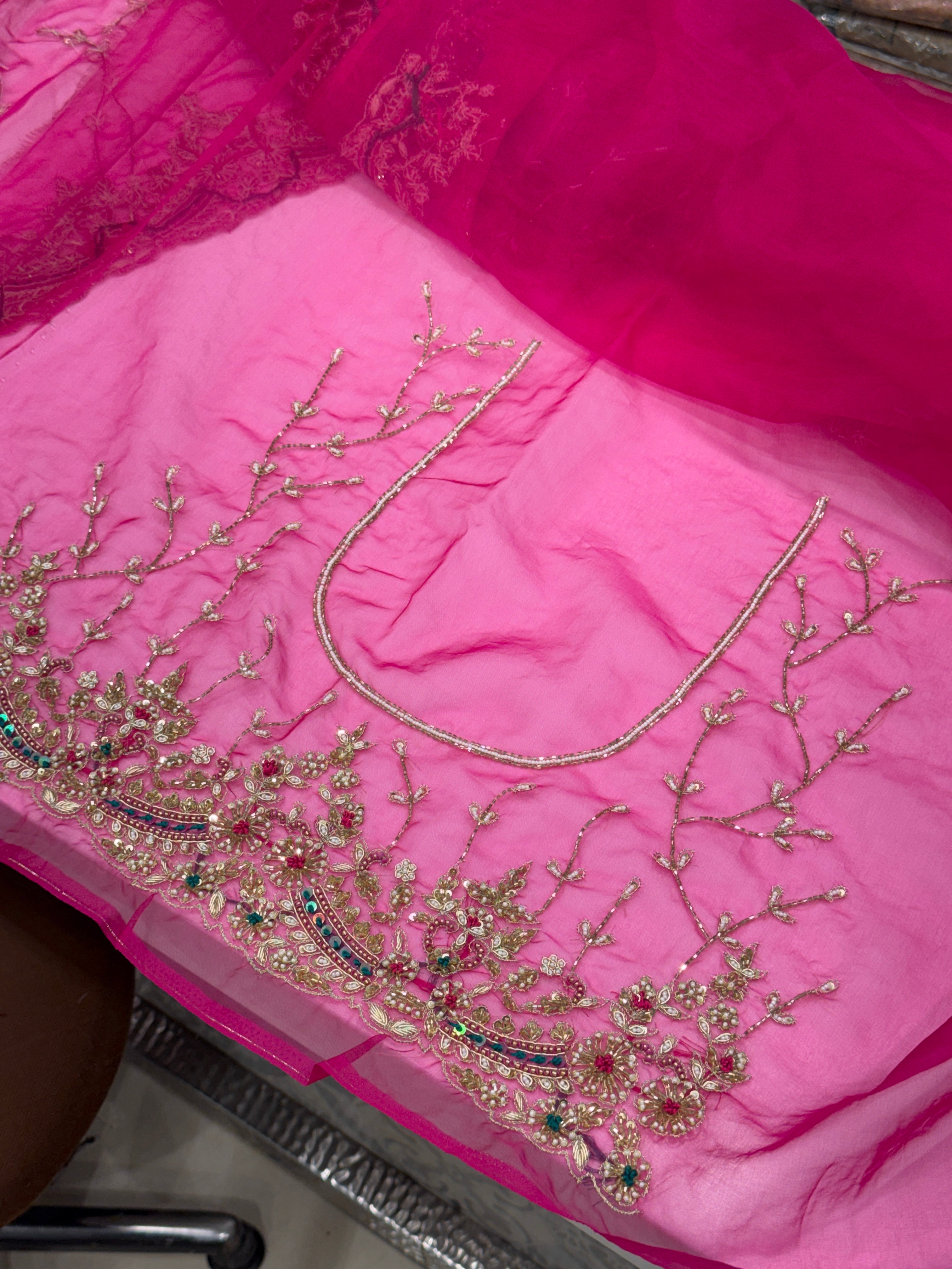 Rani Pink Organza Zardosi Resham Hand Embroidery Saree