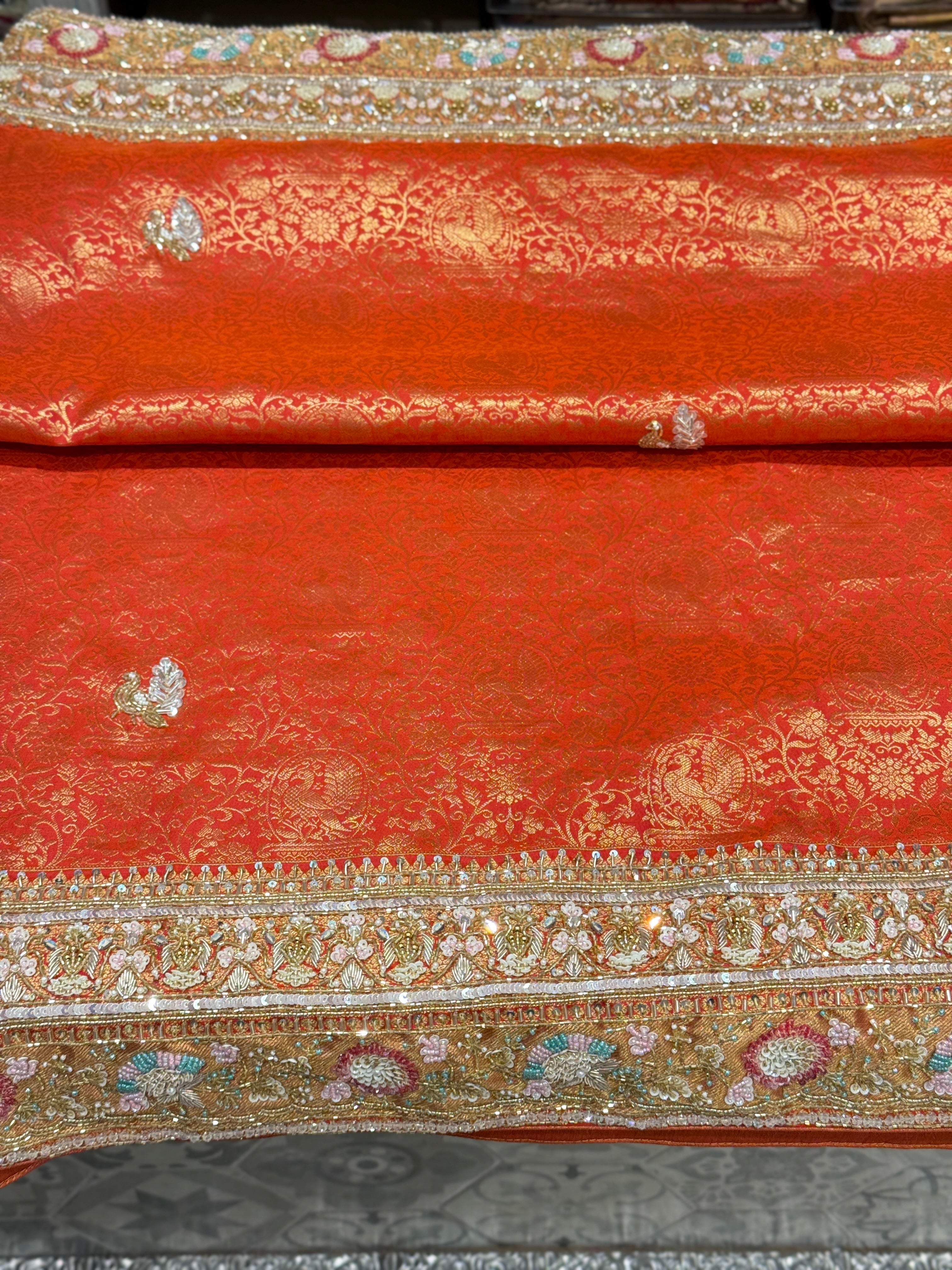 Rust Orange Kanjivaram Hand Embroidery Saree