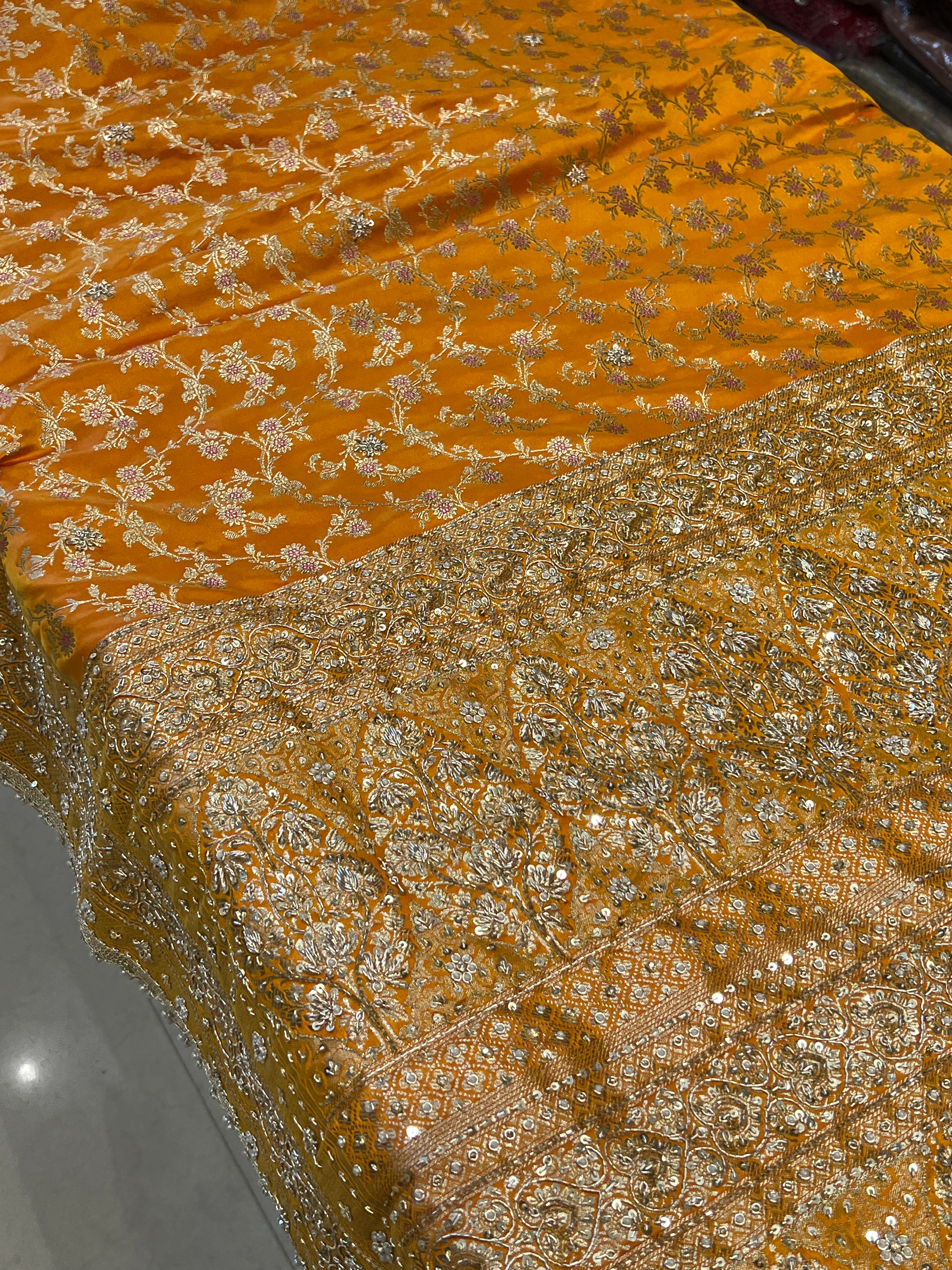 Mango Yellow Banarasi Heart Border Hand Embroidery Saree