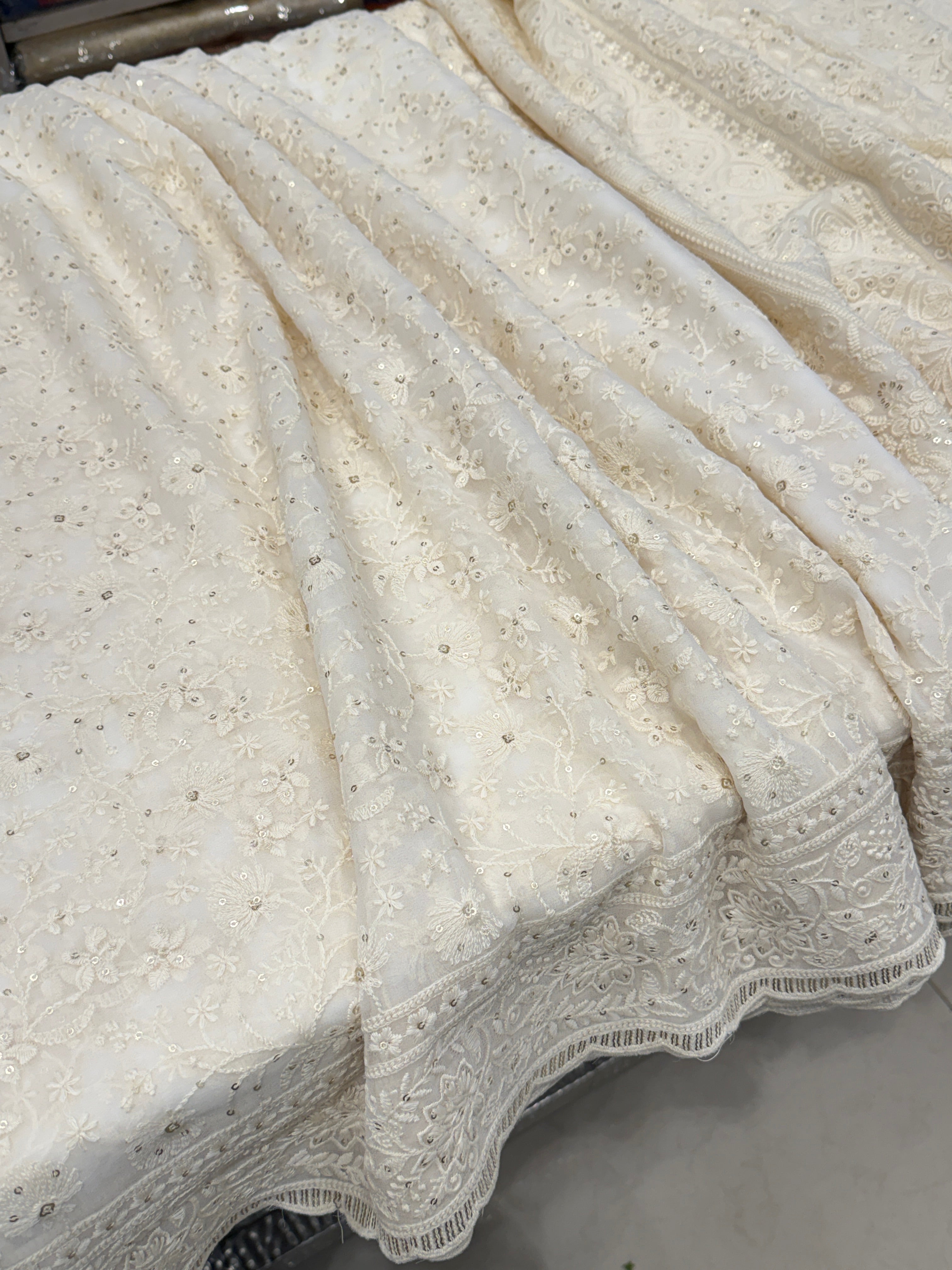 White Chikankari Georgette Floral Jaal Resham Sequin Embroidery Saree