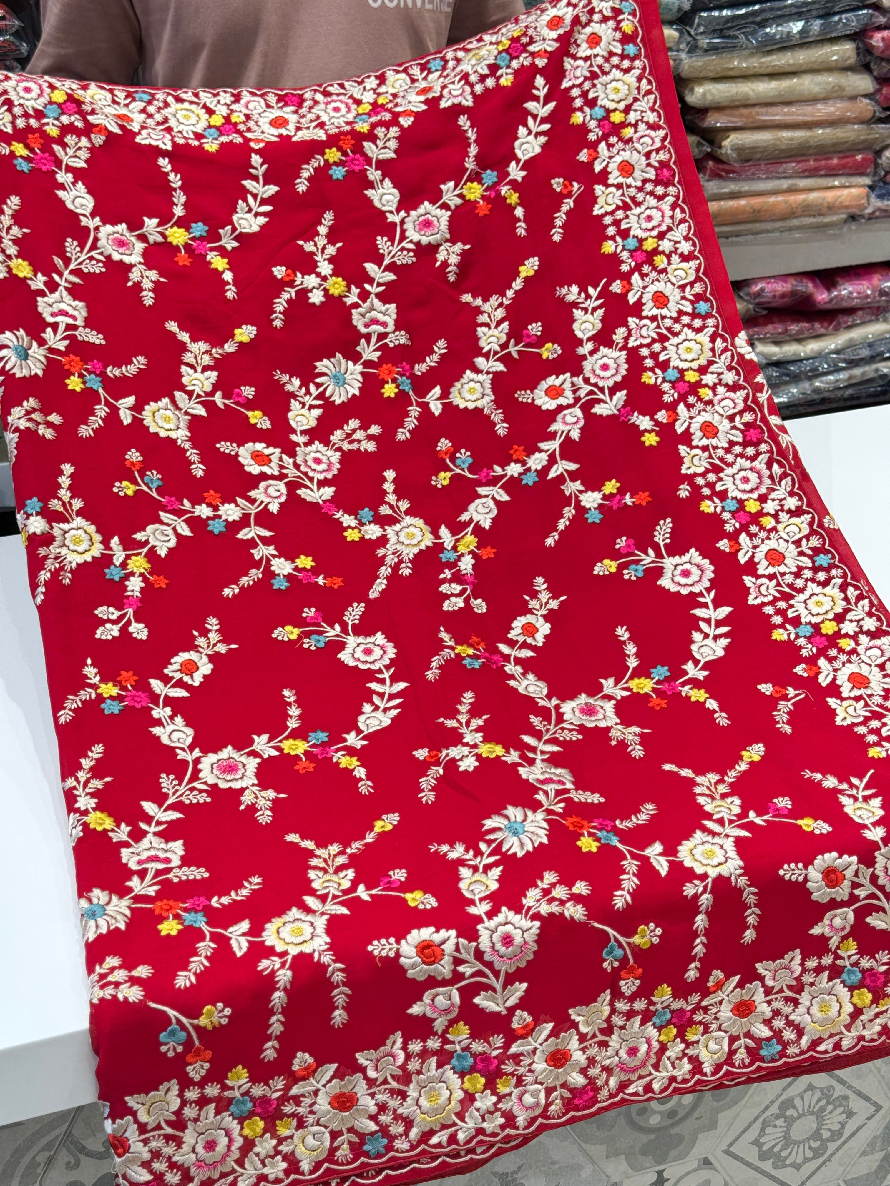 Red Georgette Floral Multi Colour Parsi Gara Saree