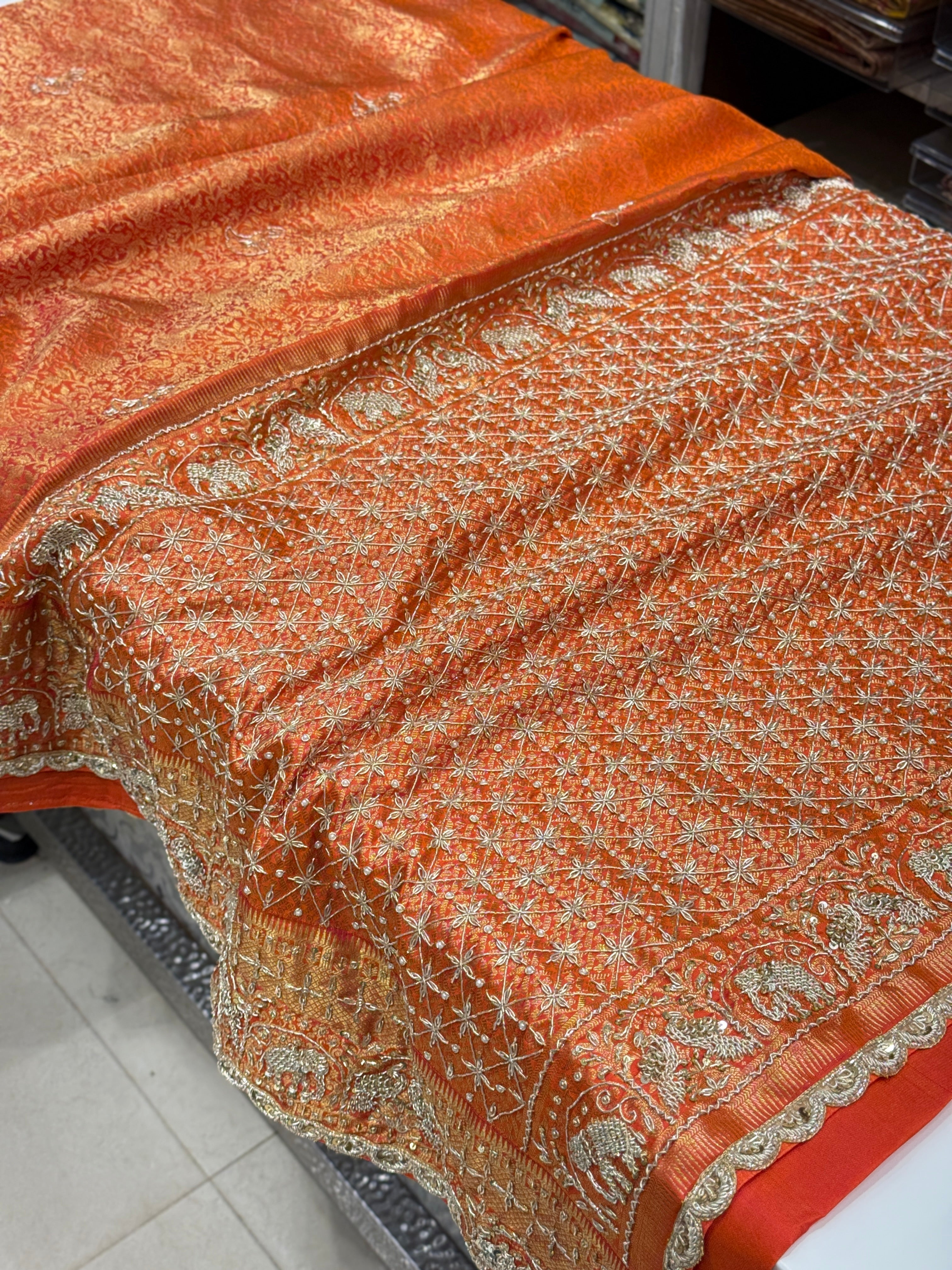 Orange Kanjivaram Peacock Motif Zardozi Hand Embroidery Saree