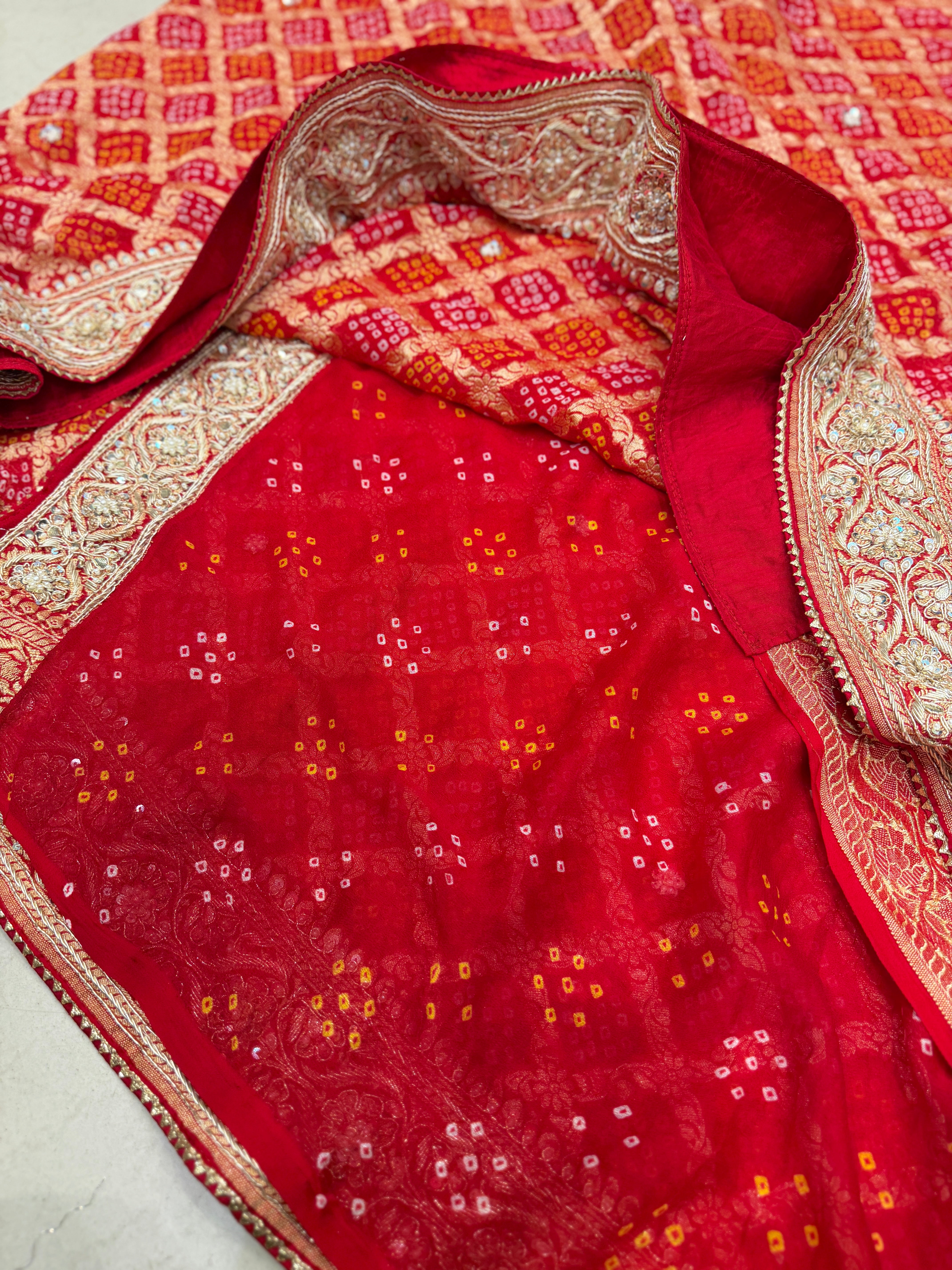 Red Rai Bandhej Georgette Saree Zardosi Hand Embroidery Saree