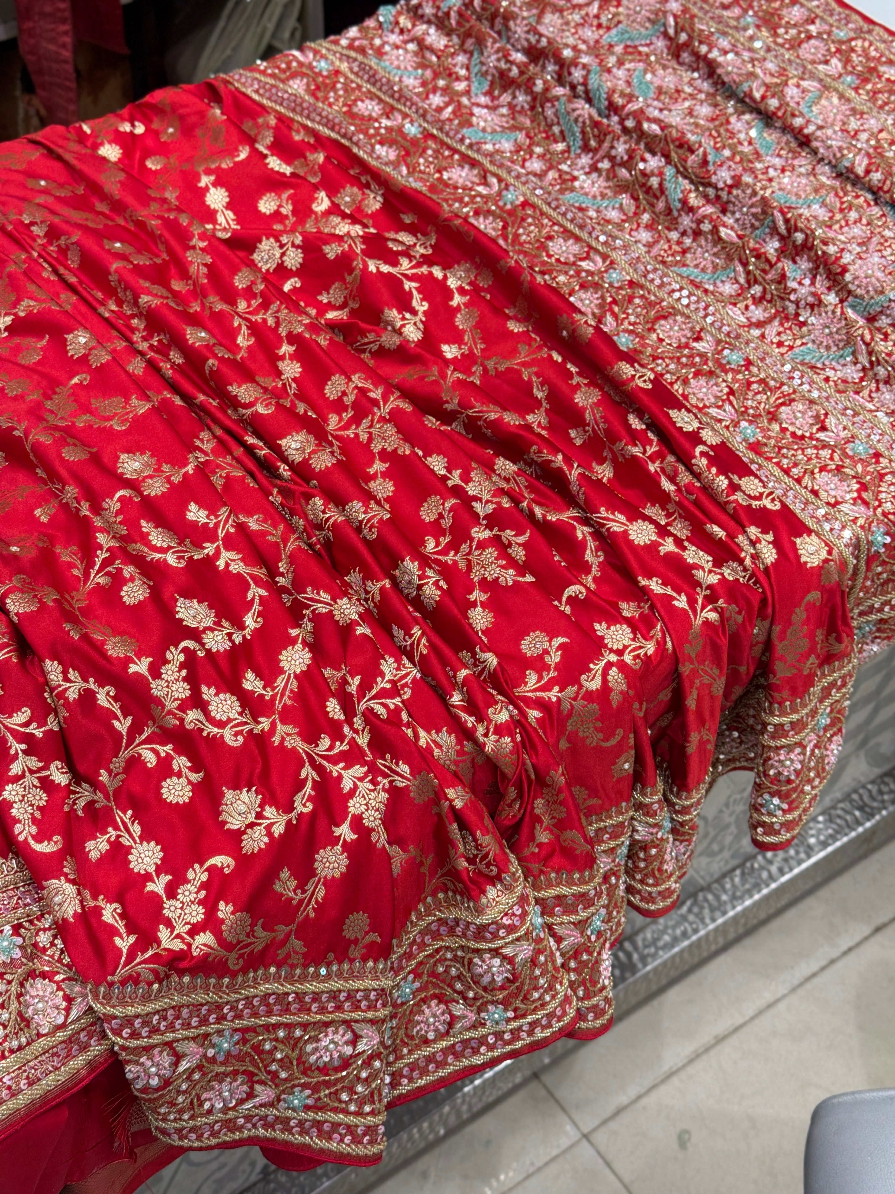 Red Banarasi Upside Down Border Fancy Hand Embroidery Saree