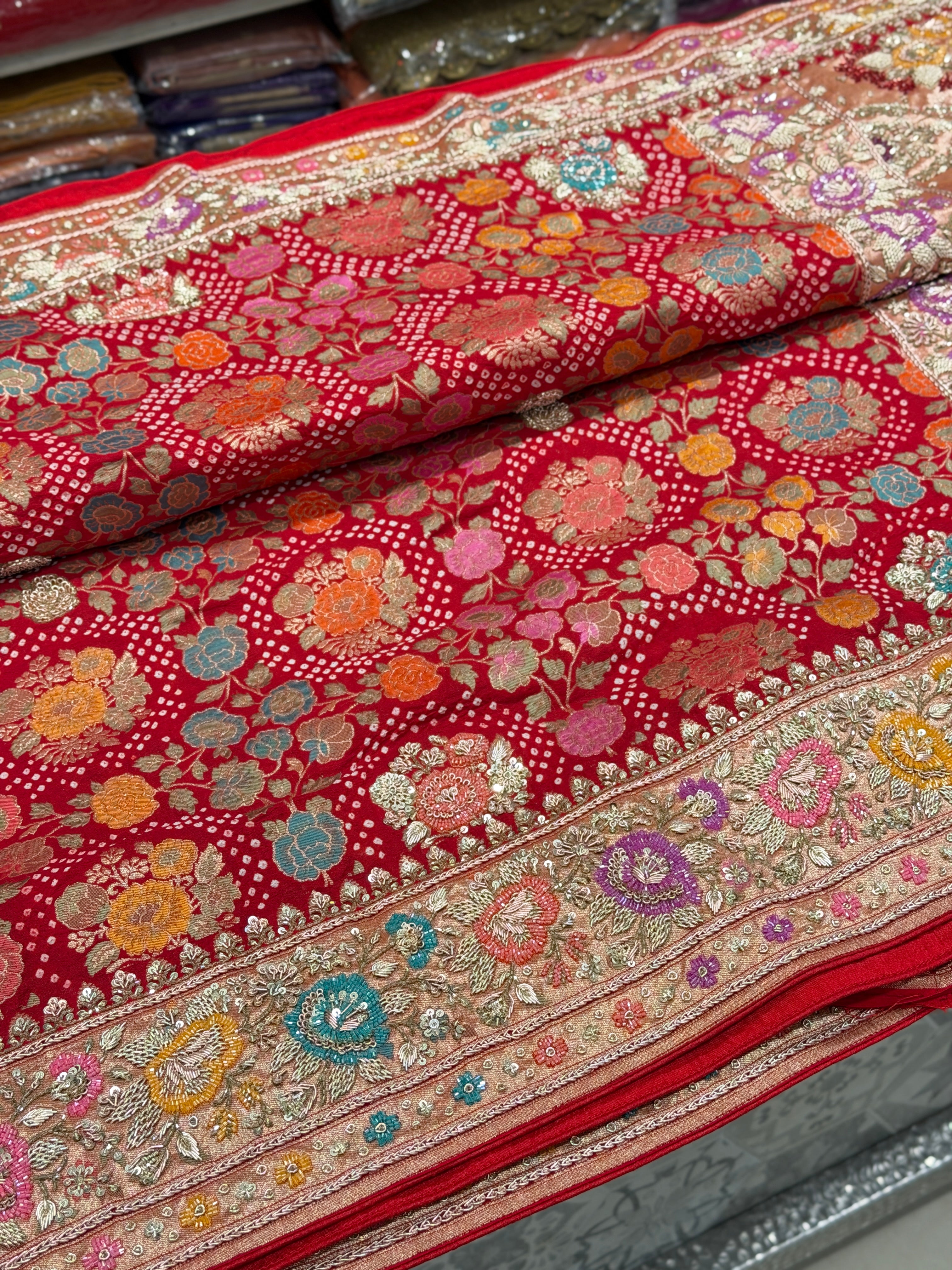 Red Meenakari Bandhej Zardodi Sequin Hand Embroidery Saree