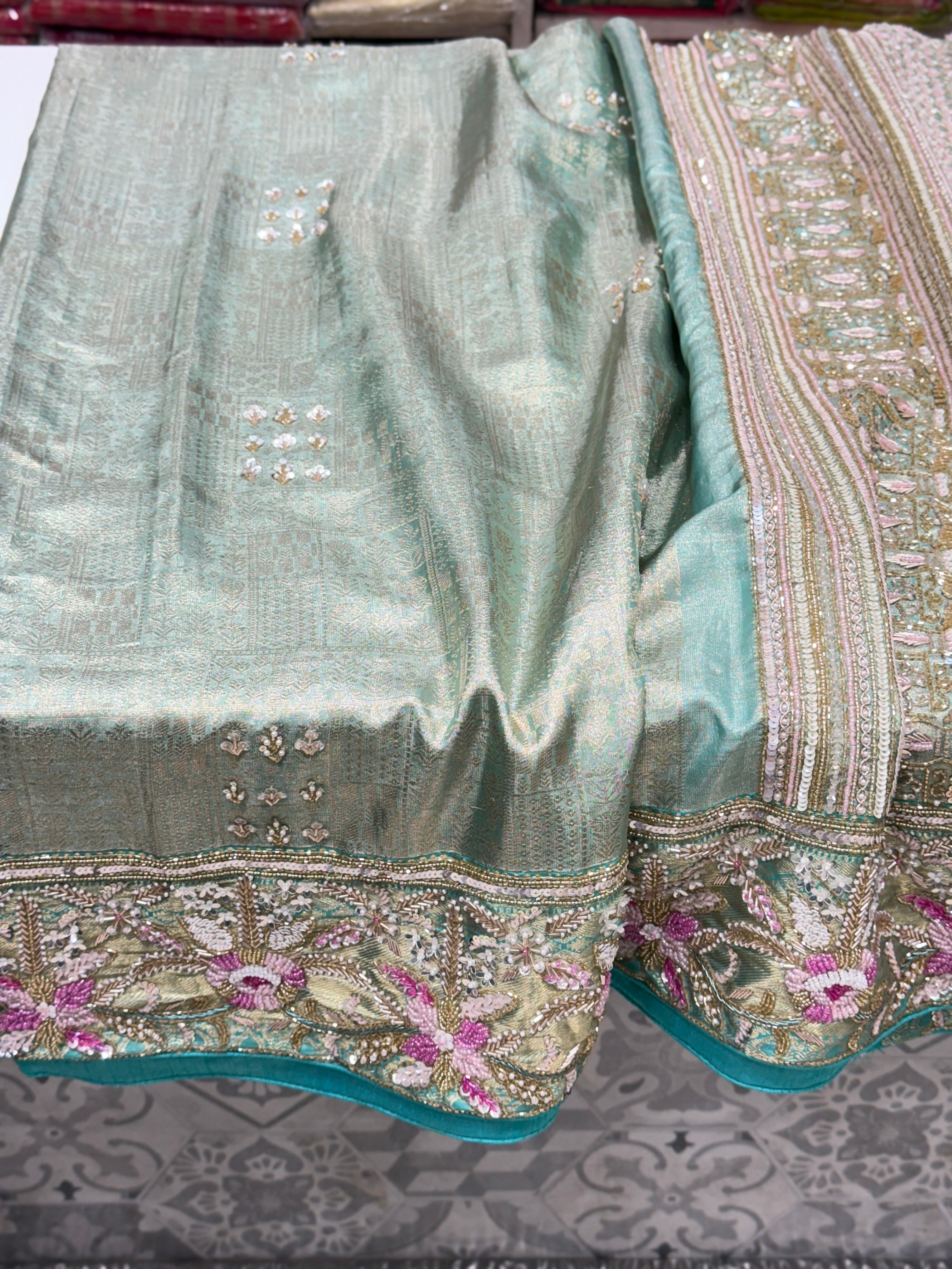 Green Tissue Kanjivaram with Moti Zardosi Hand Embroidery Saree