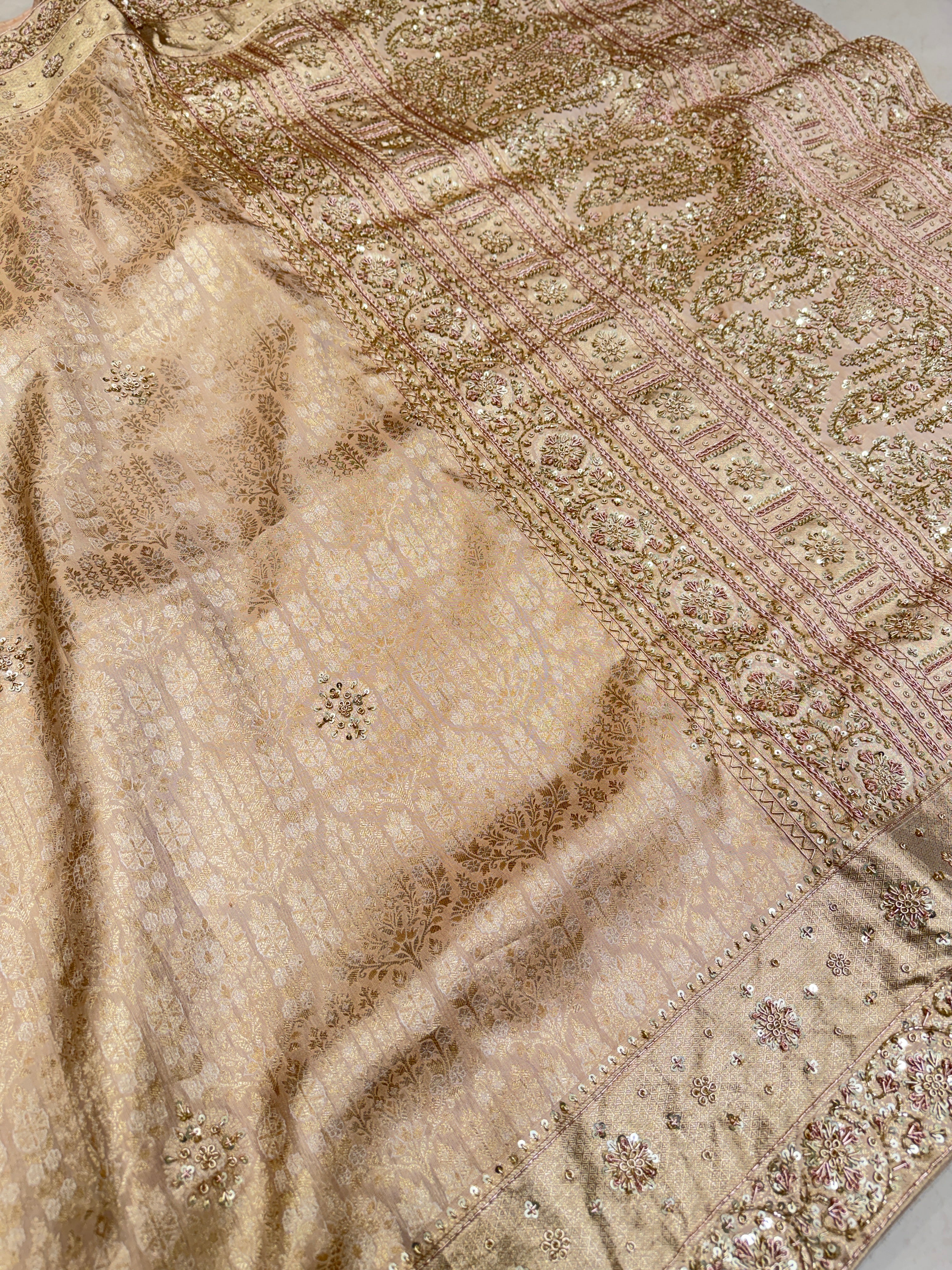 Beige Gold Crown Jaal Kanjivaram Zardosi Hand Embroidery Saree