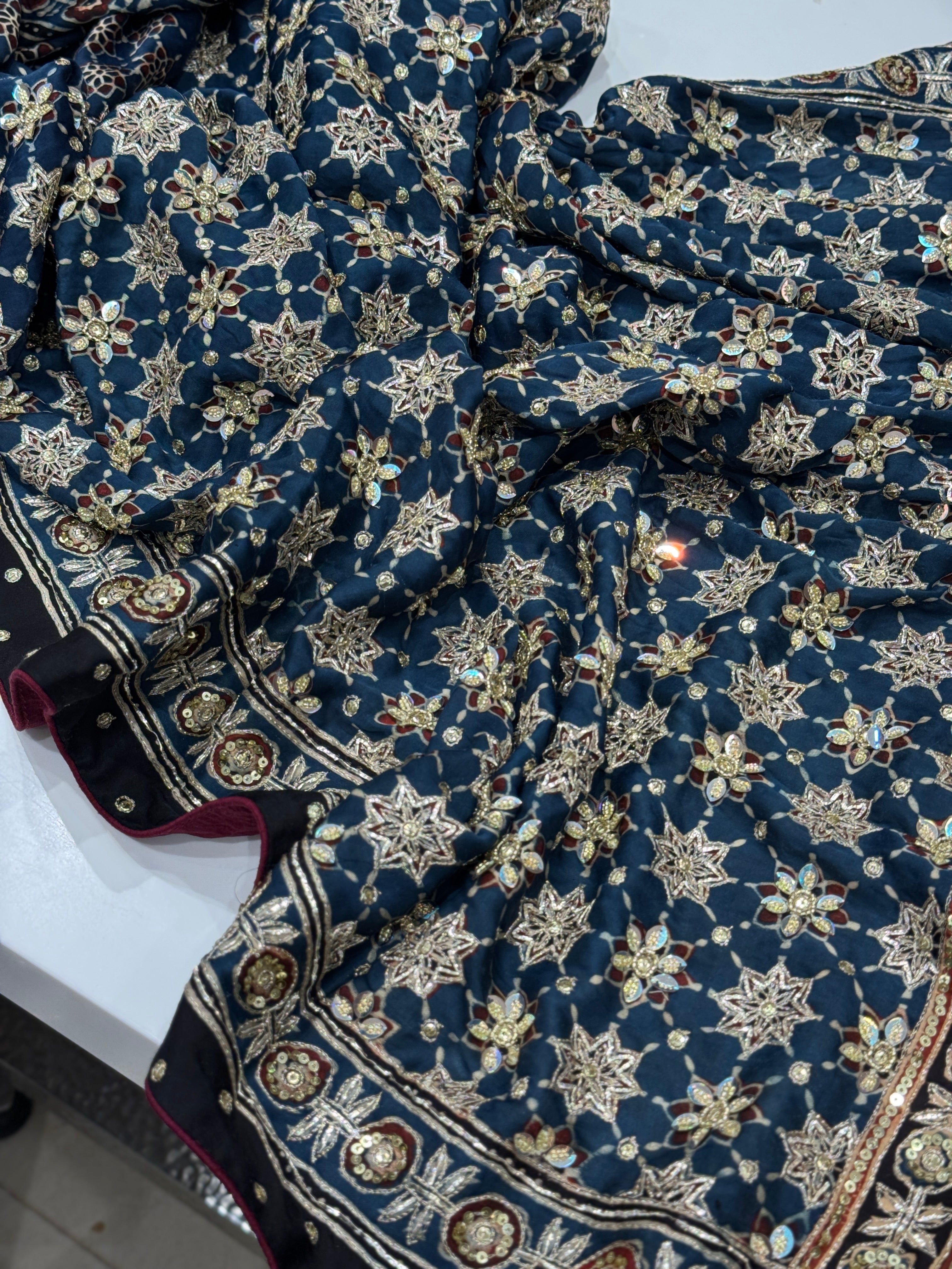 Blue Black Jaal Ajrakh Hand Embroidery Saree