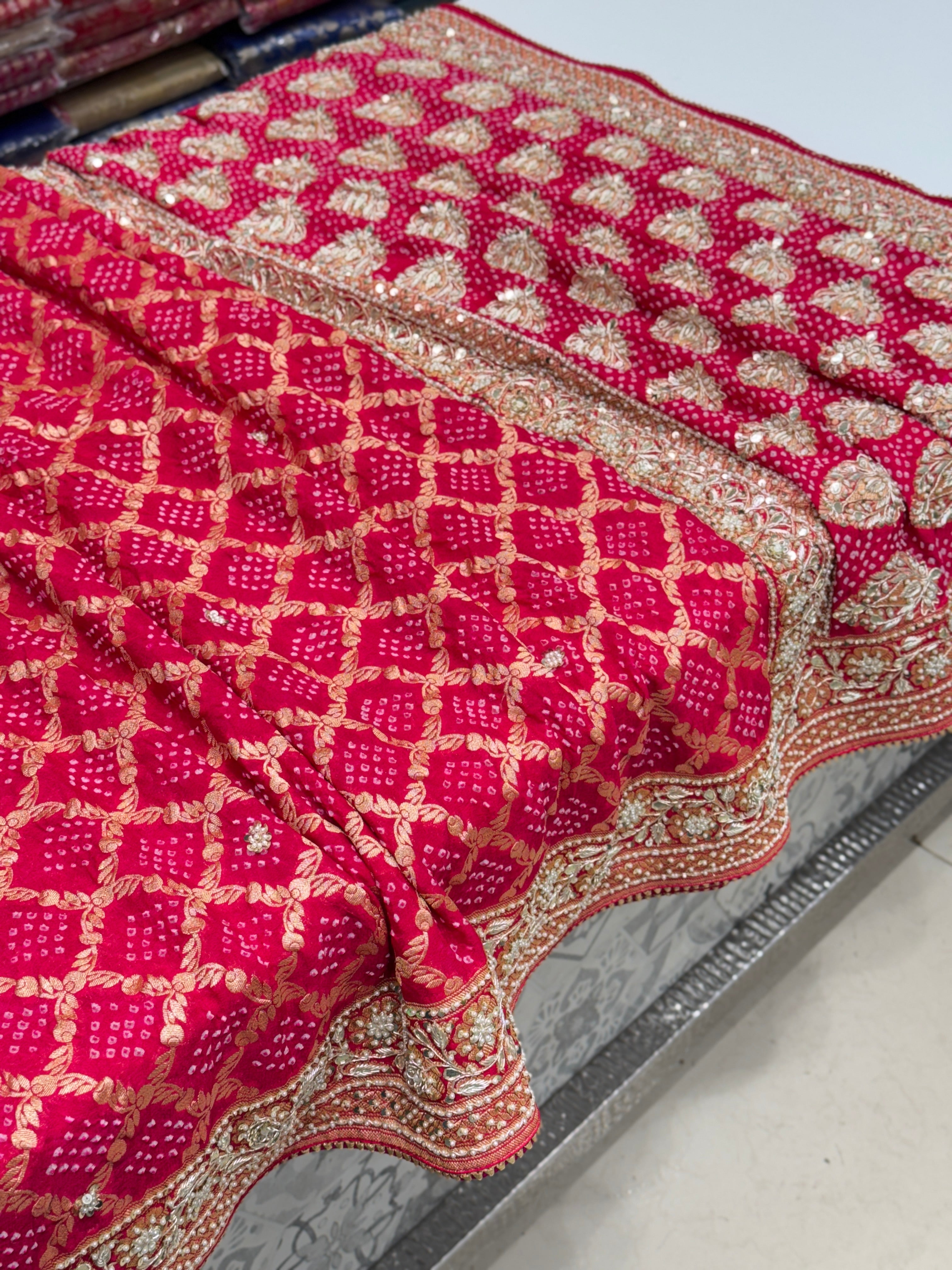 Strawberry Pink Bandhej Embroidery Saree