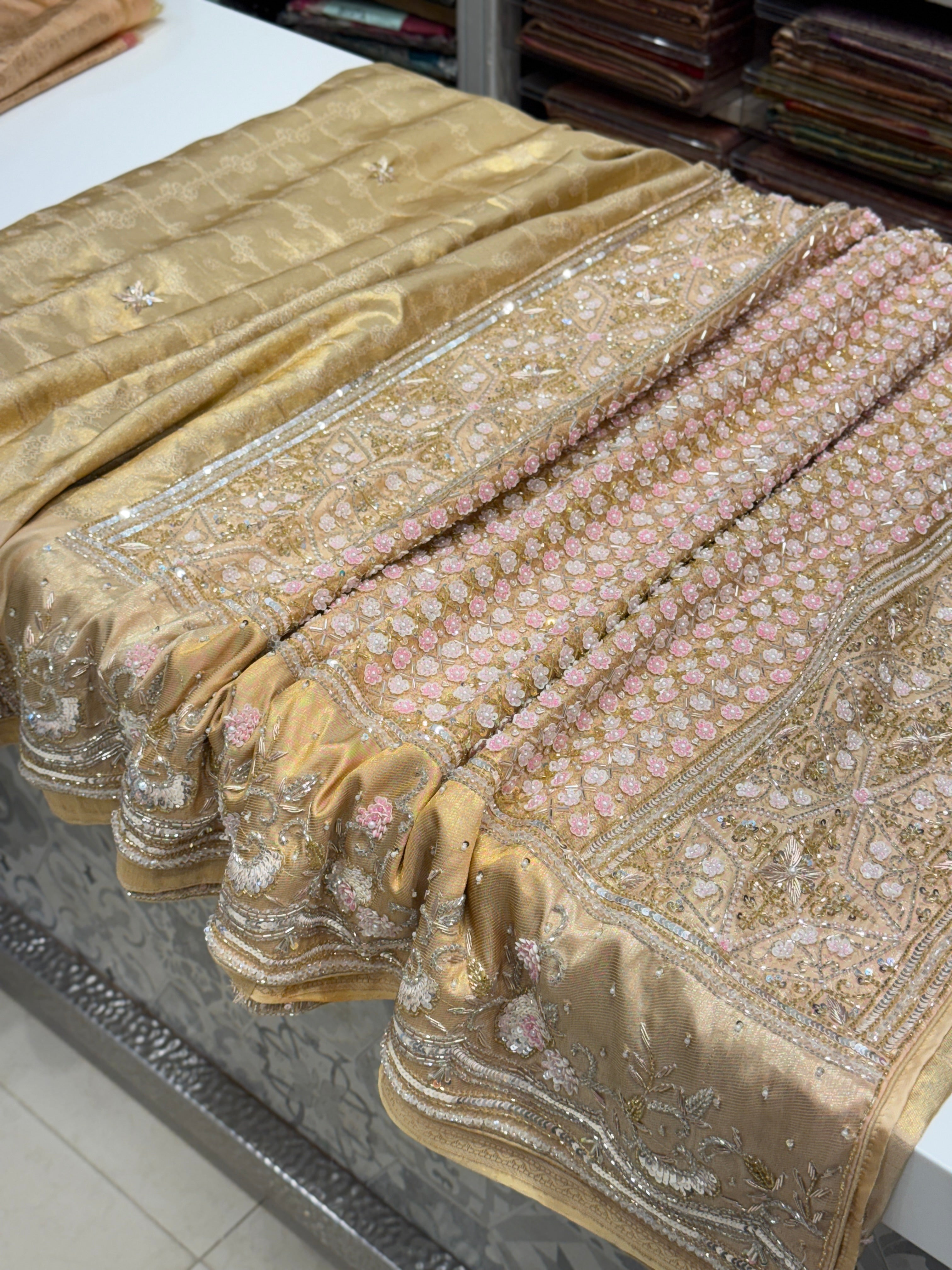 Light Gold Tissue Check Kanjivaram Hand Embroidery Saree