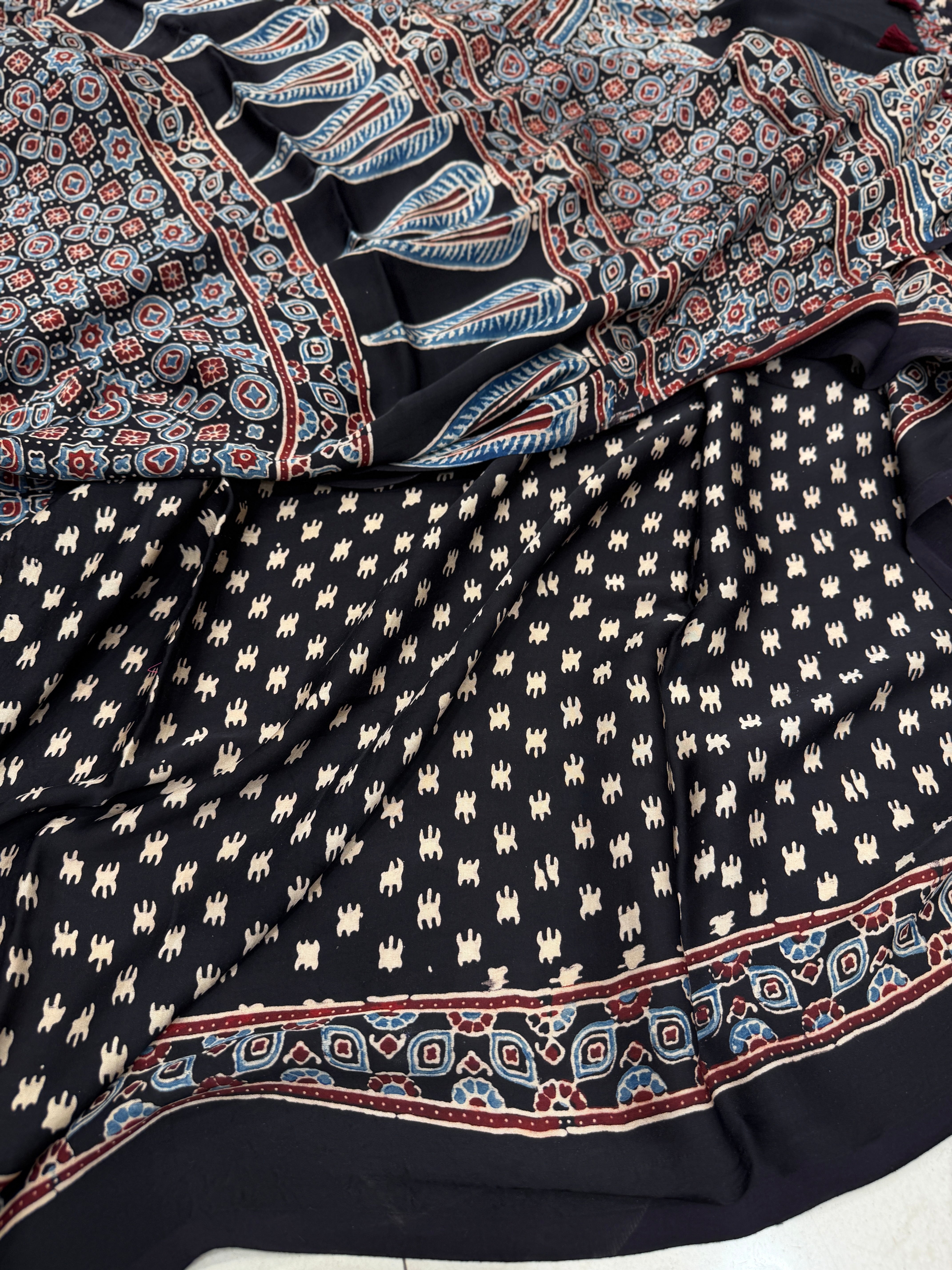 Black Badam Butti Ajrakh Hand Block Print Pure Modal Silk Saree