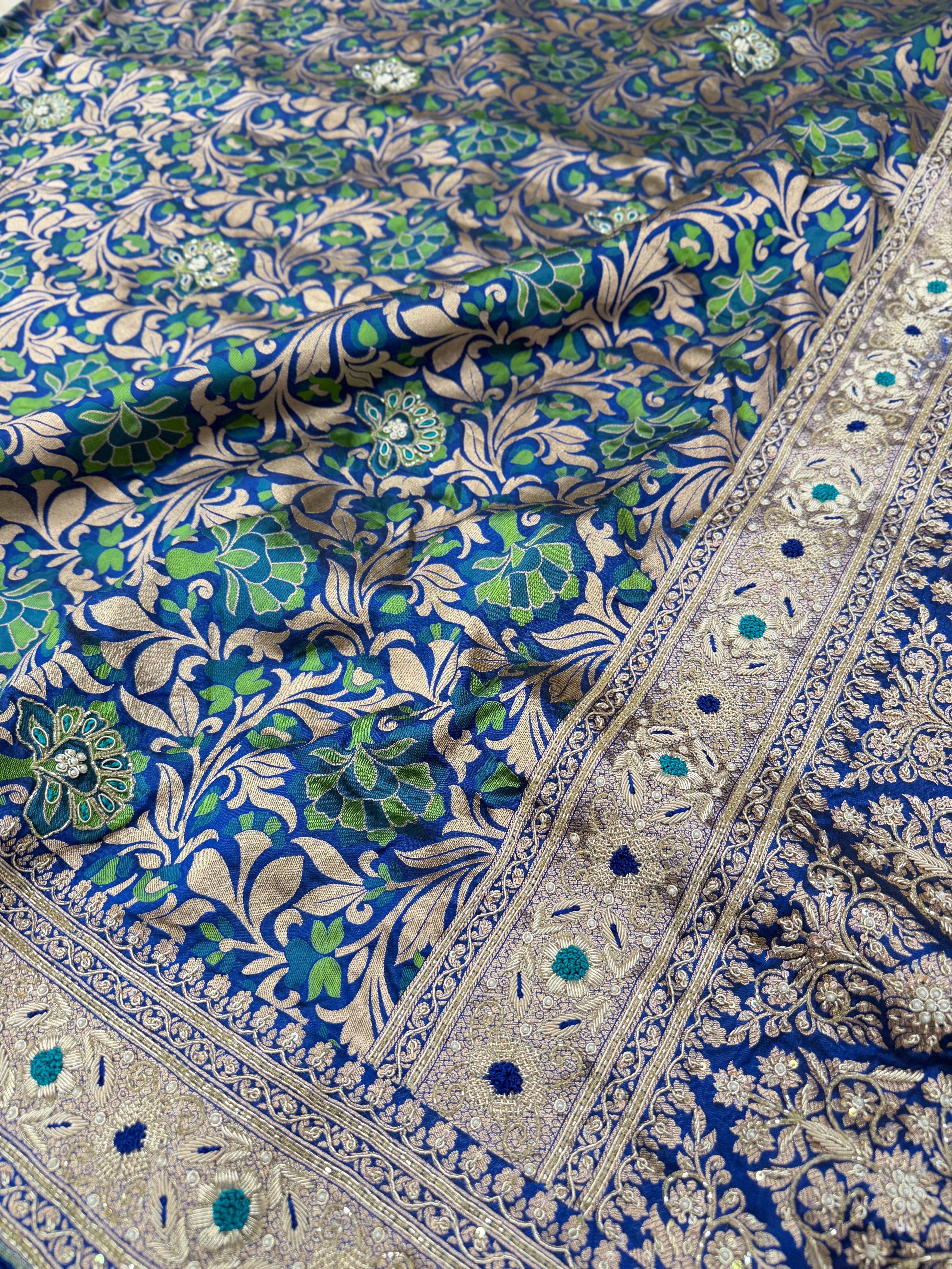 Blue Green Floral Handloom Banarasi Katan Silk Zardosi Hand Embroidery Saree