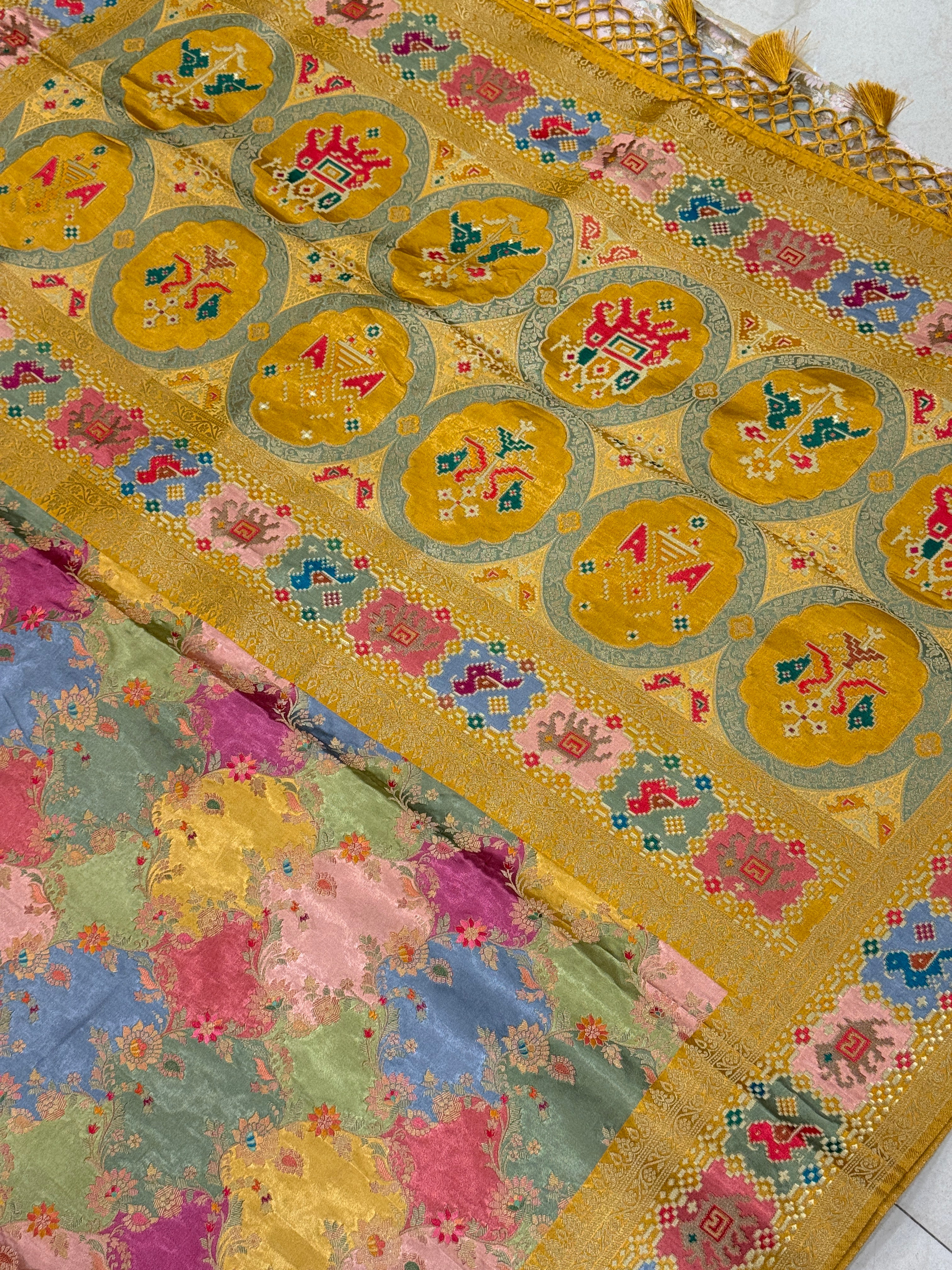 Mustard Yellow Banarasi Rangkat Fusion Patola Border Saree