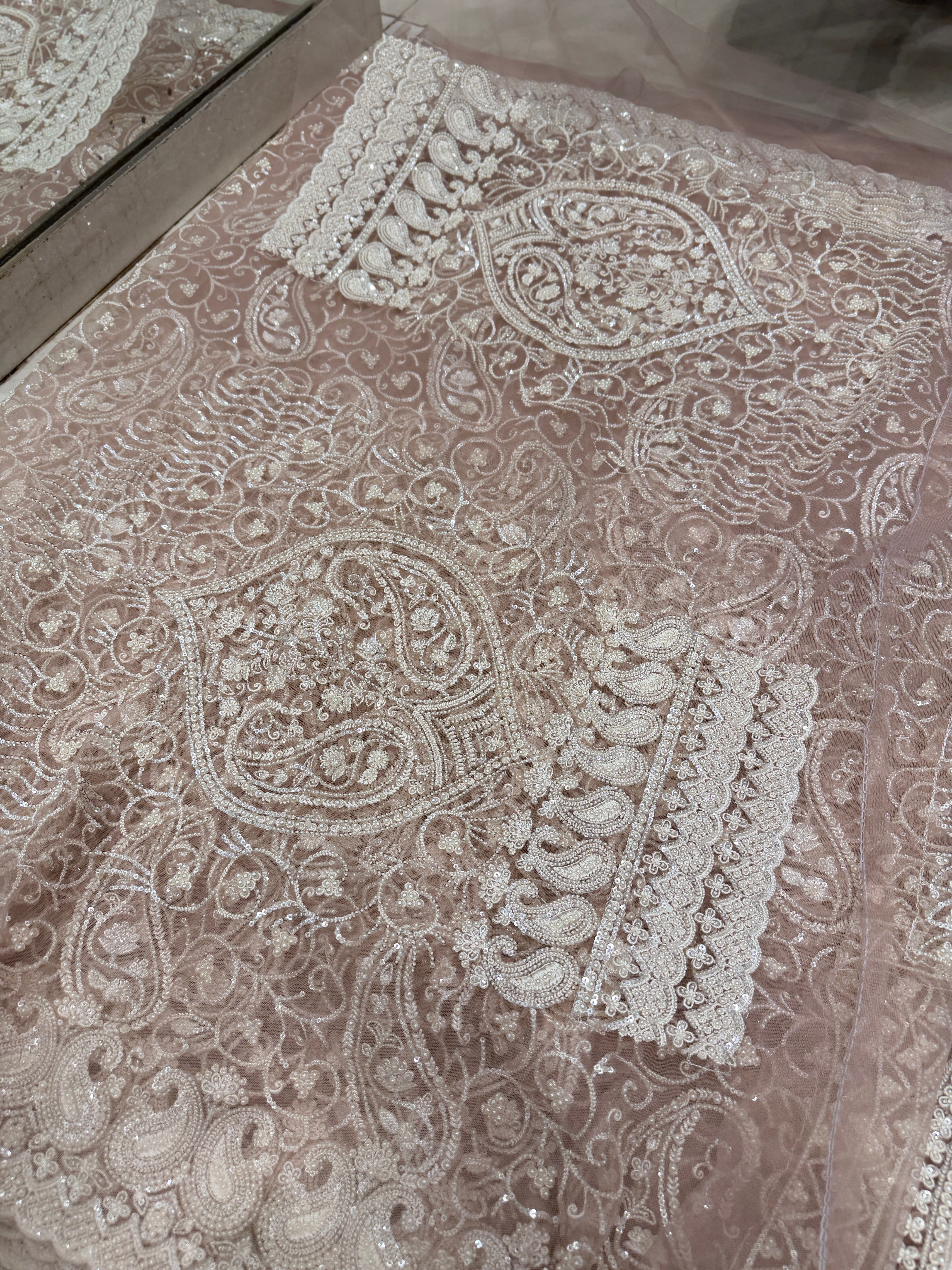 Nude Pink Keri Jaal Net Resham Moti Embroidery Soft Saree