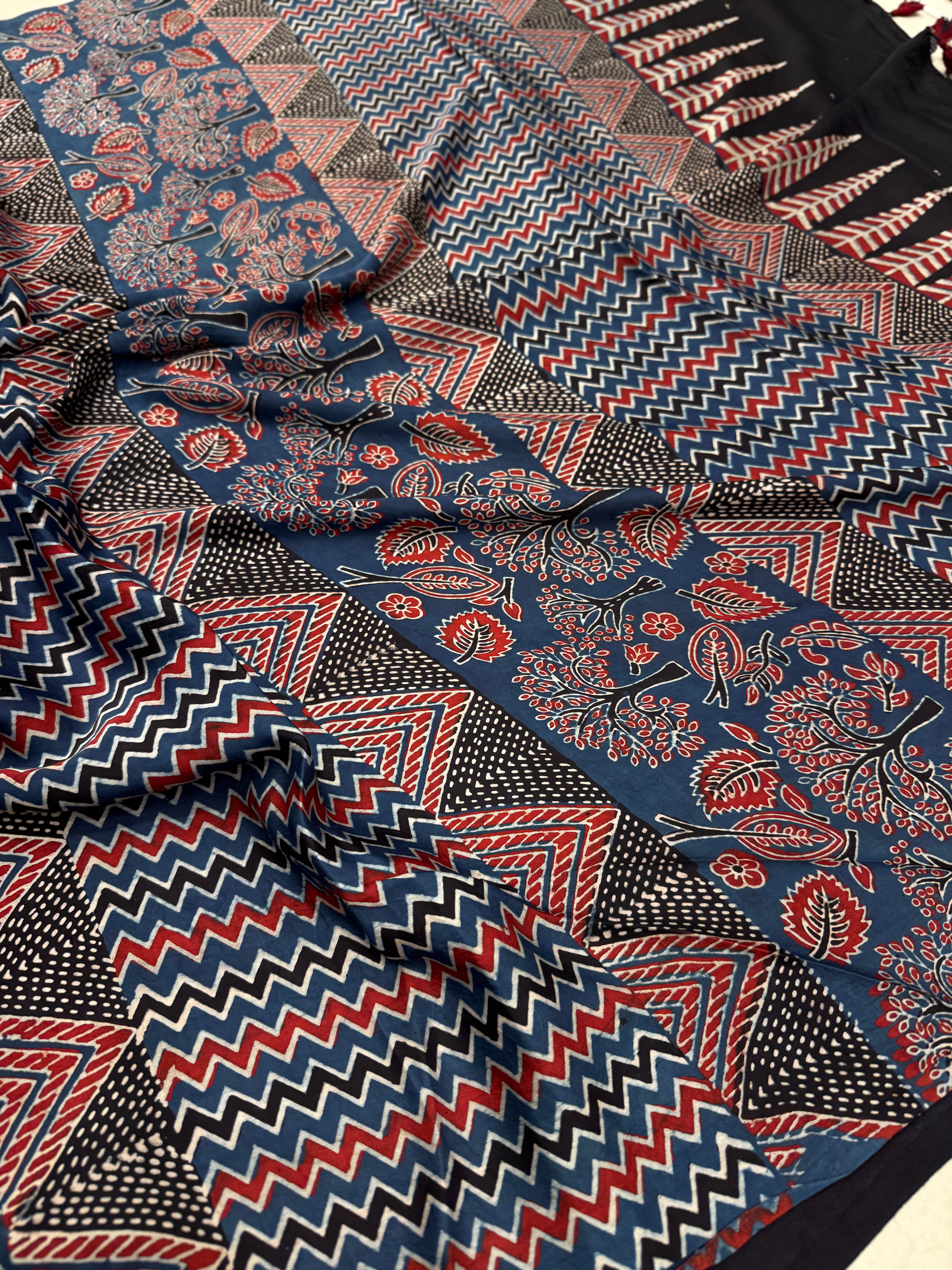 Red Contemporary Bandhej Style Hand Block Print Ajrkah Pure Gajji Silk Saree