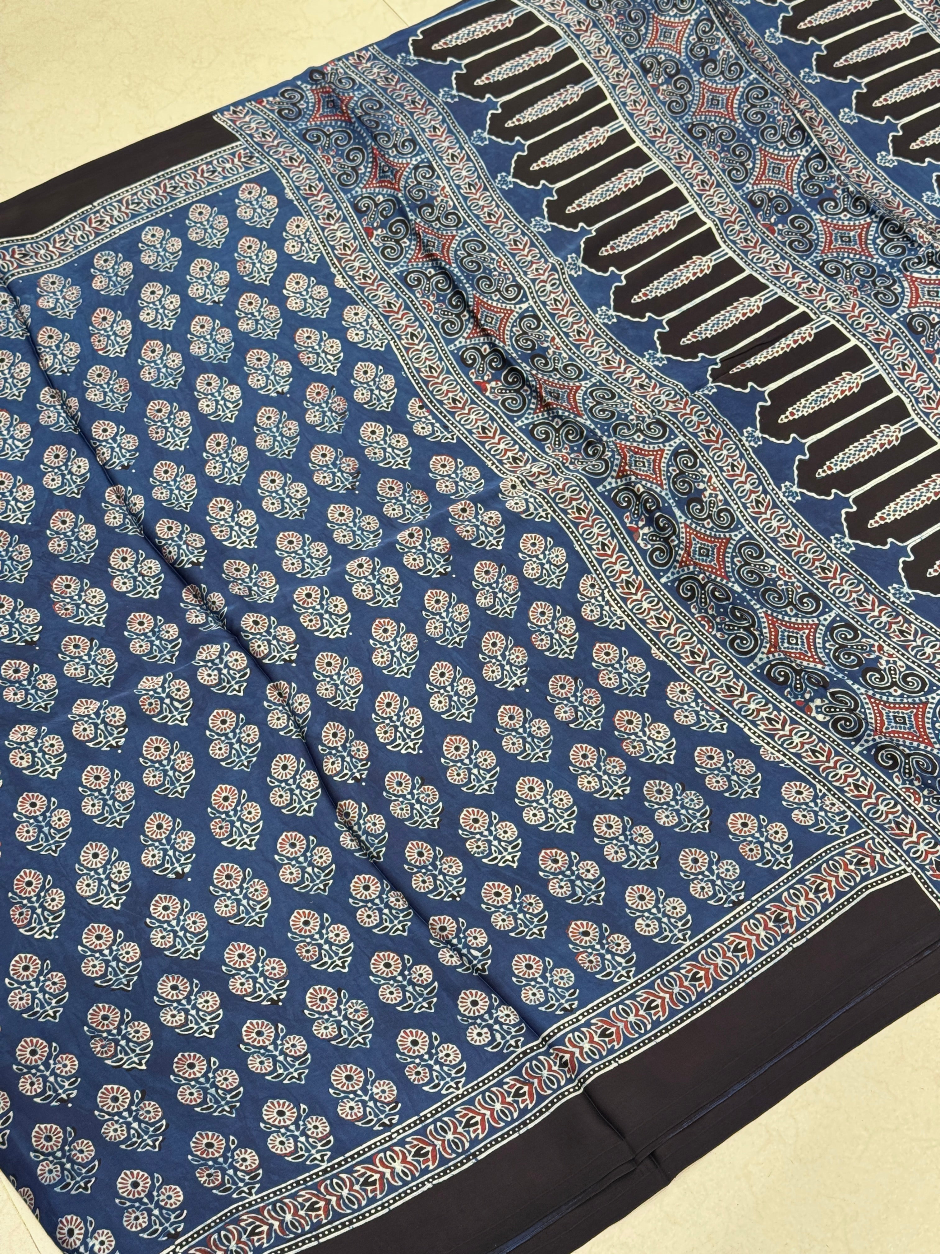 Blue Floral Buttas Hand Block Print Ajrkah Pure Gajji Silk Saree