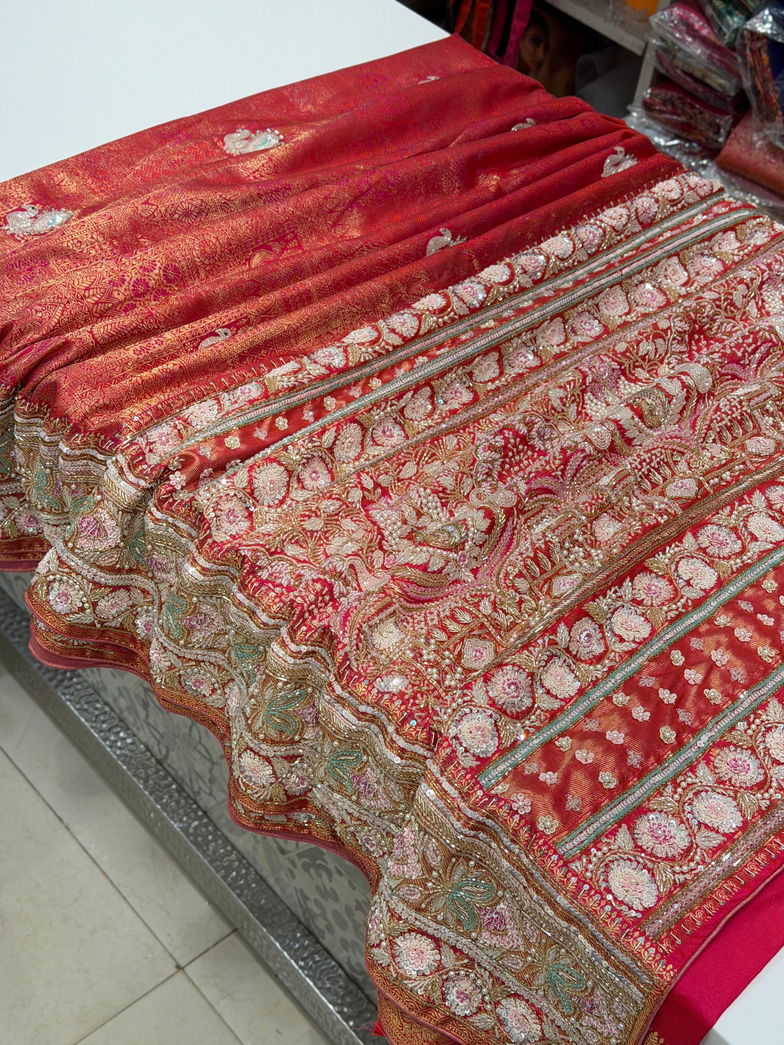 Rani Pink Kanjivaram Moti Zardosi Peacock Motif Hand Embroidery Saree