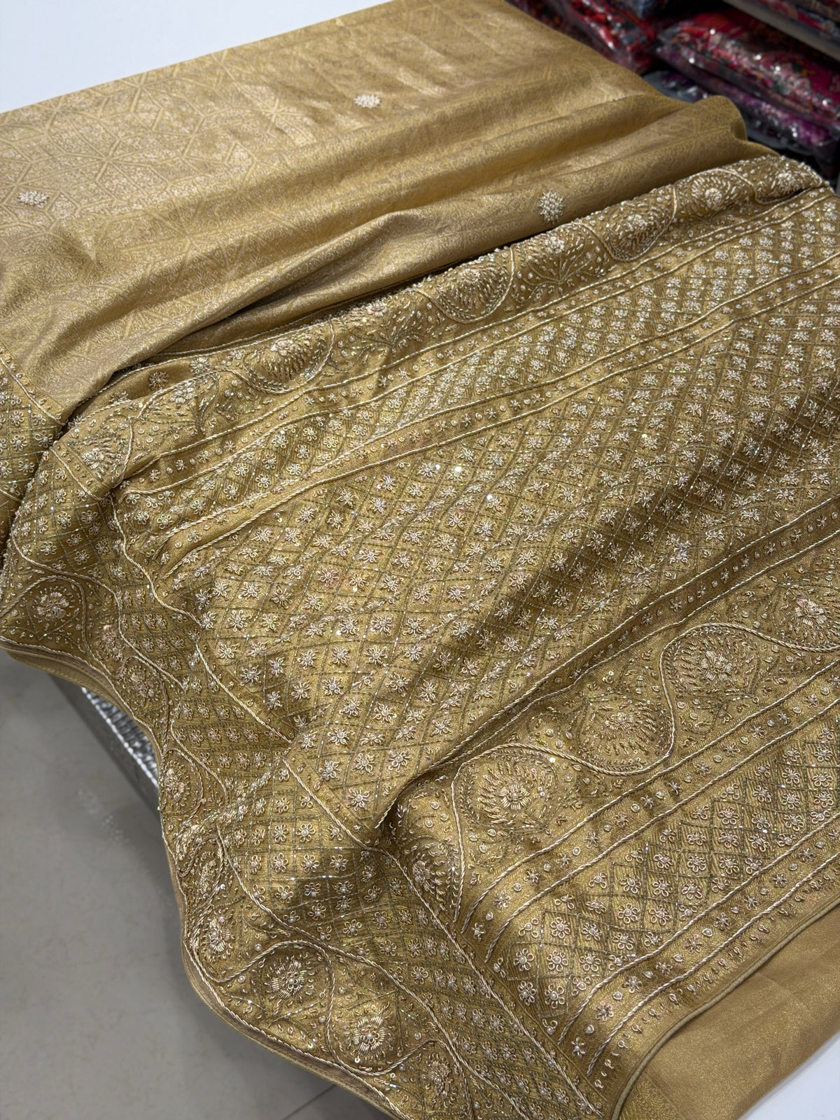 Light Golden Floral Kanjivaram Zardosi Hand Embroidery Saree