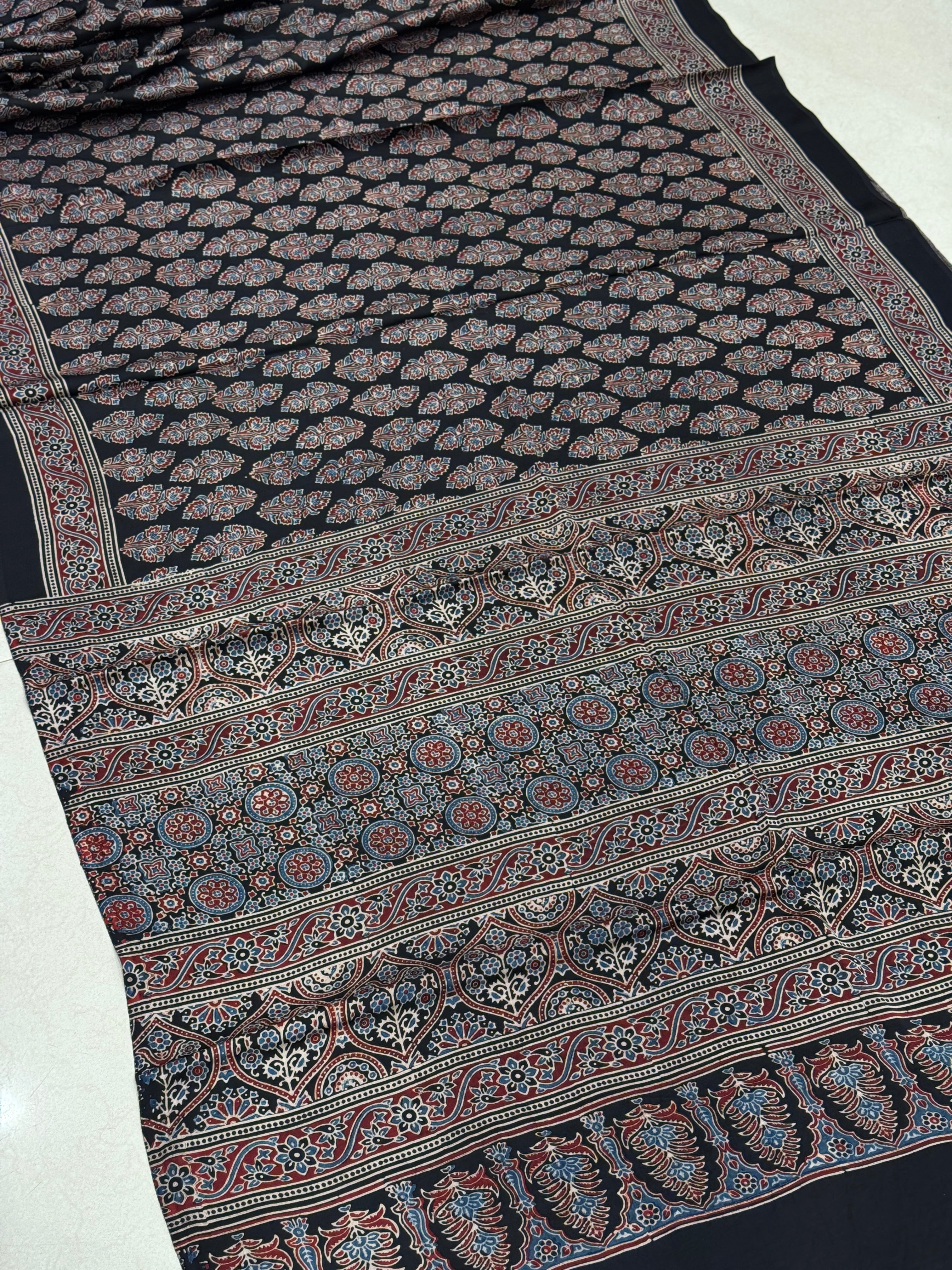 Black Tree Buttas Hand Block Print Ajrkah Pure Gajji Silk Saree