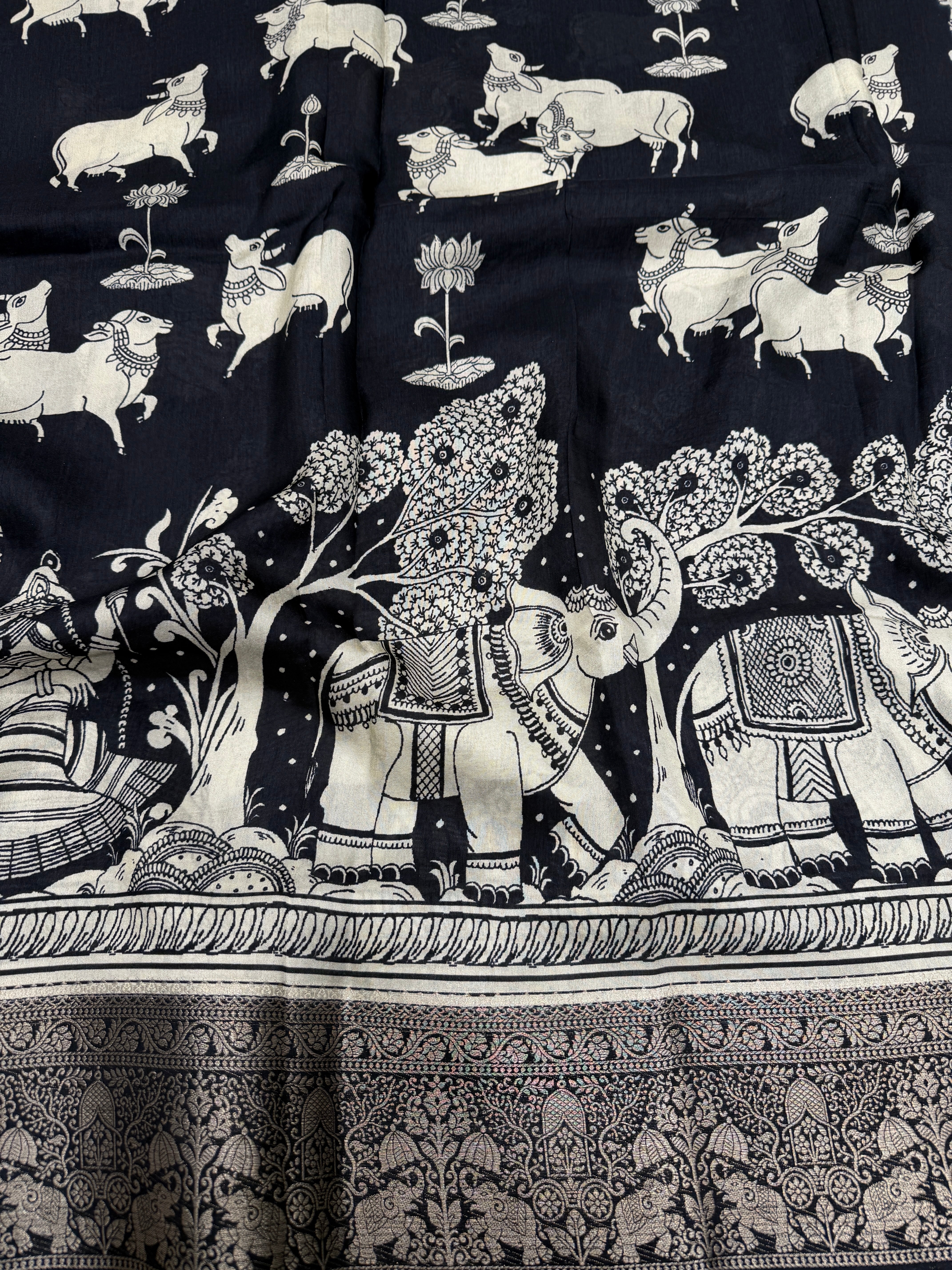 Black and White Printed Pichwai Munga Silk Saree