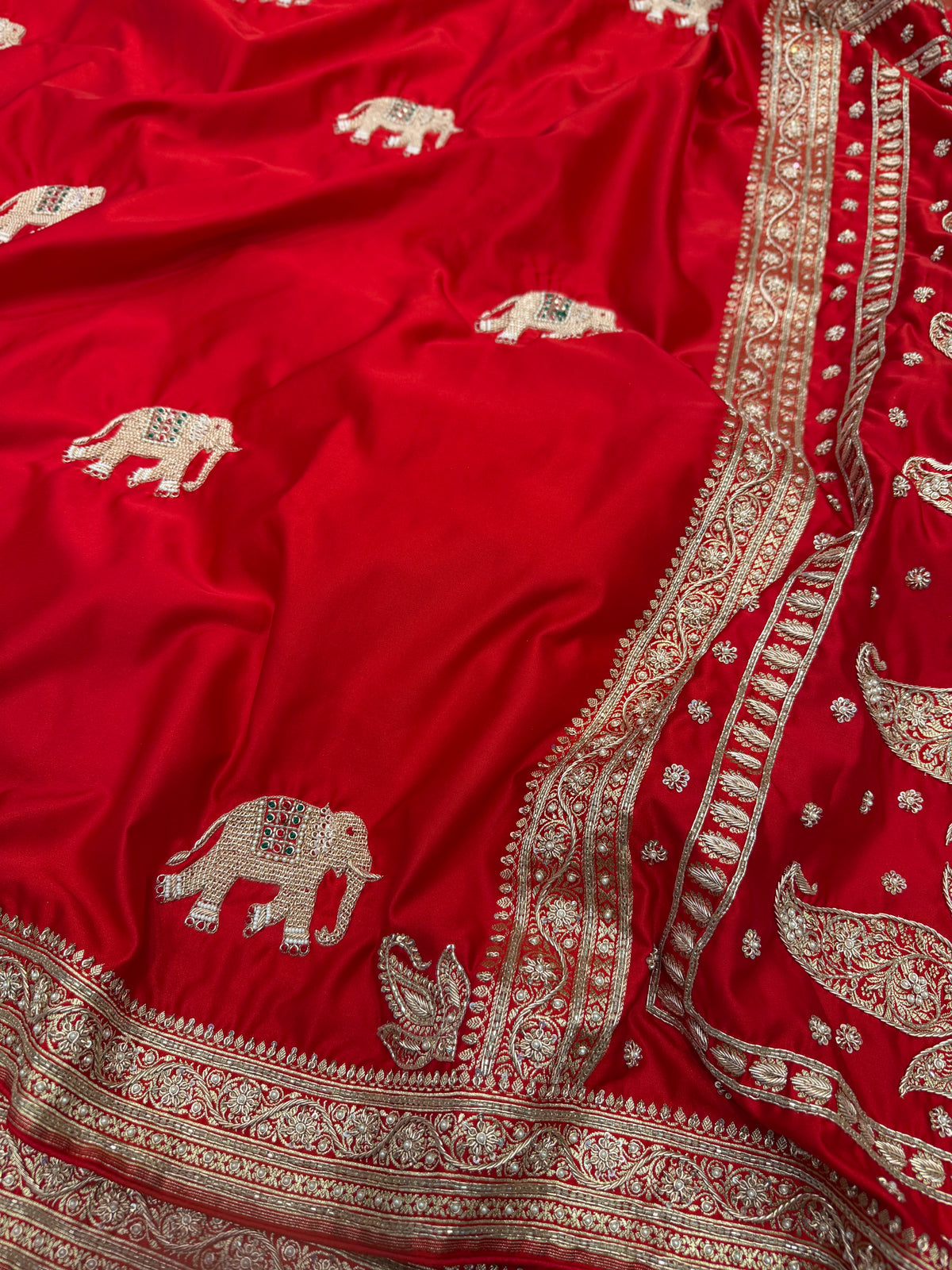 Red Banarasi Gajraj Motif Zardosi Hand Embroidery Saree