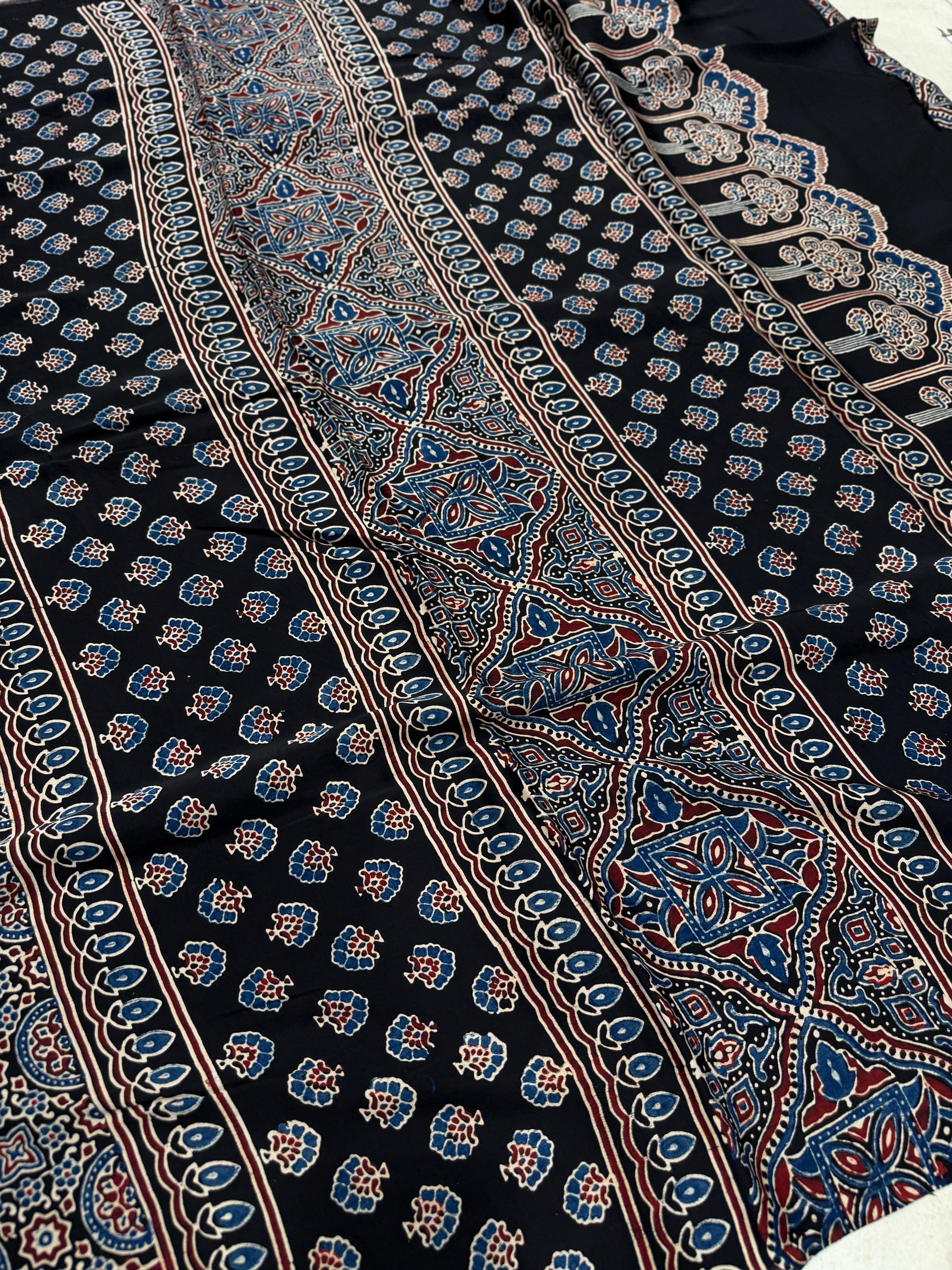 Black Star Chakri Ajrakh Hand Block Print Pure Modal Silk Saree