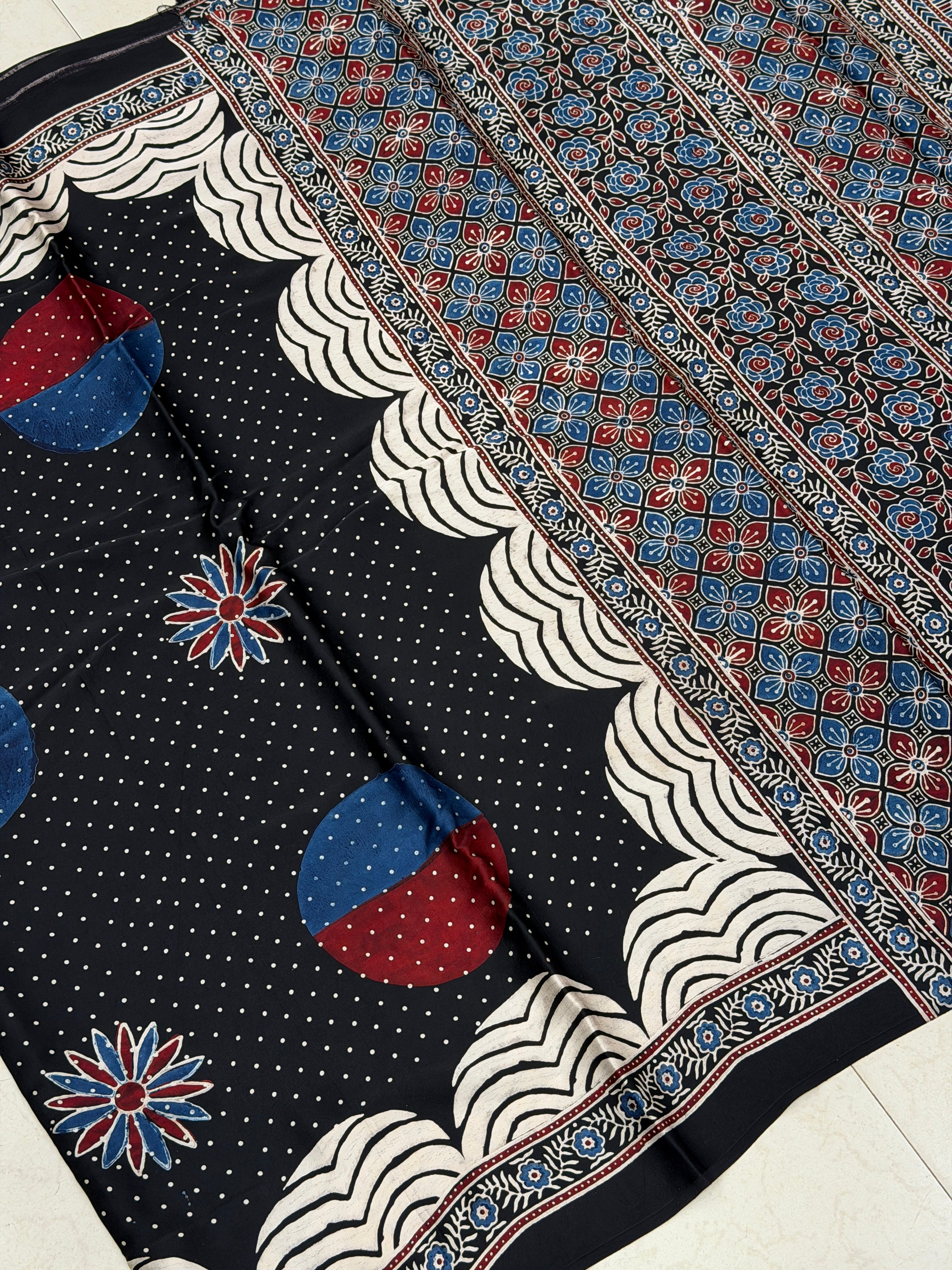 Black Sprinkled Dotts Ajrakh Hand Block Print Pure Modal Silk Saree
