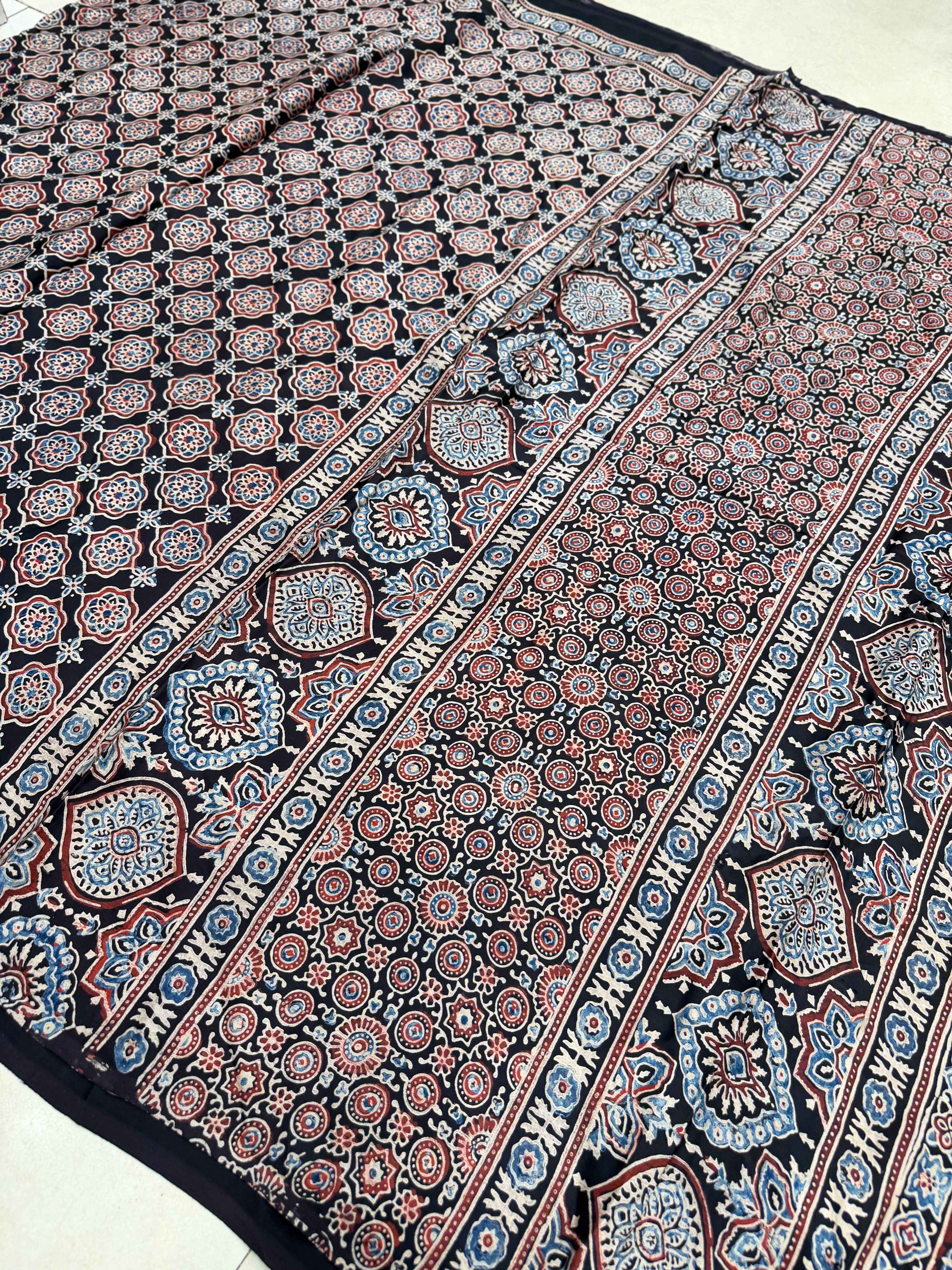 Black Jaal Ajrakh Hand Block Print Pure Gajji Silk Saree