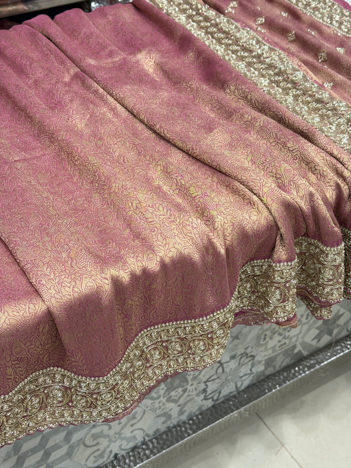 Purple Crepe Tissue Weaved Moti Cutana Embroidery Saree