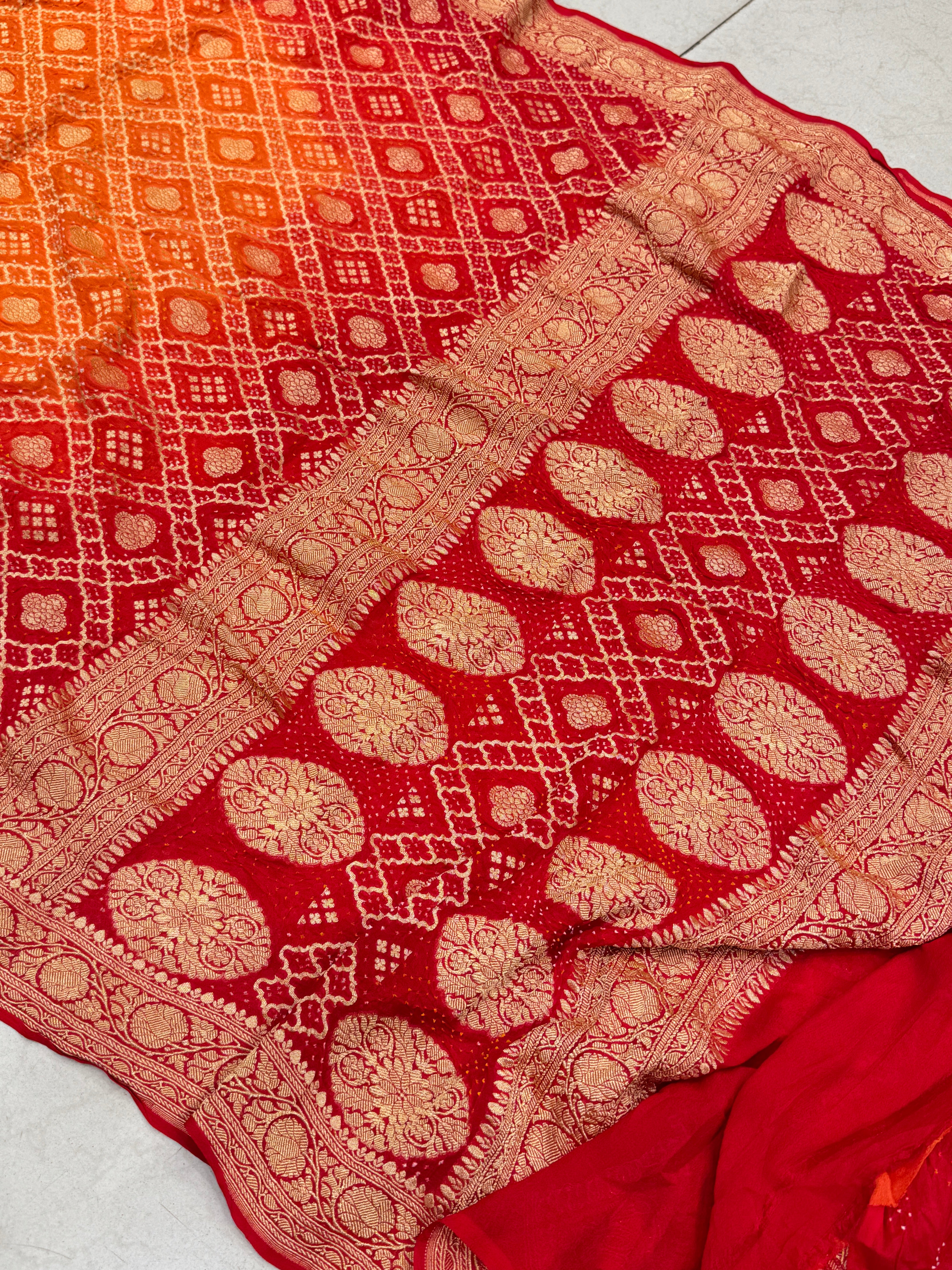 Orange Red Shaded Bandhej Bandhini Saree