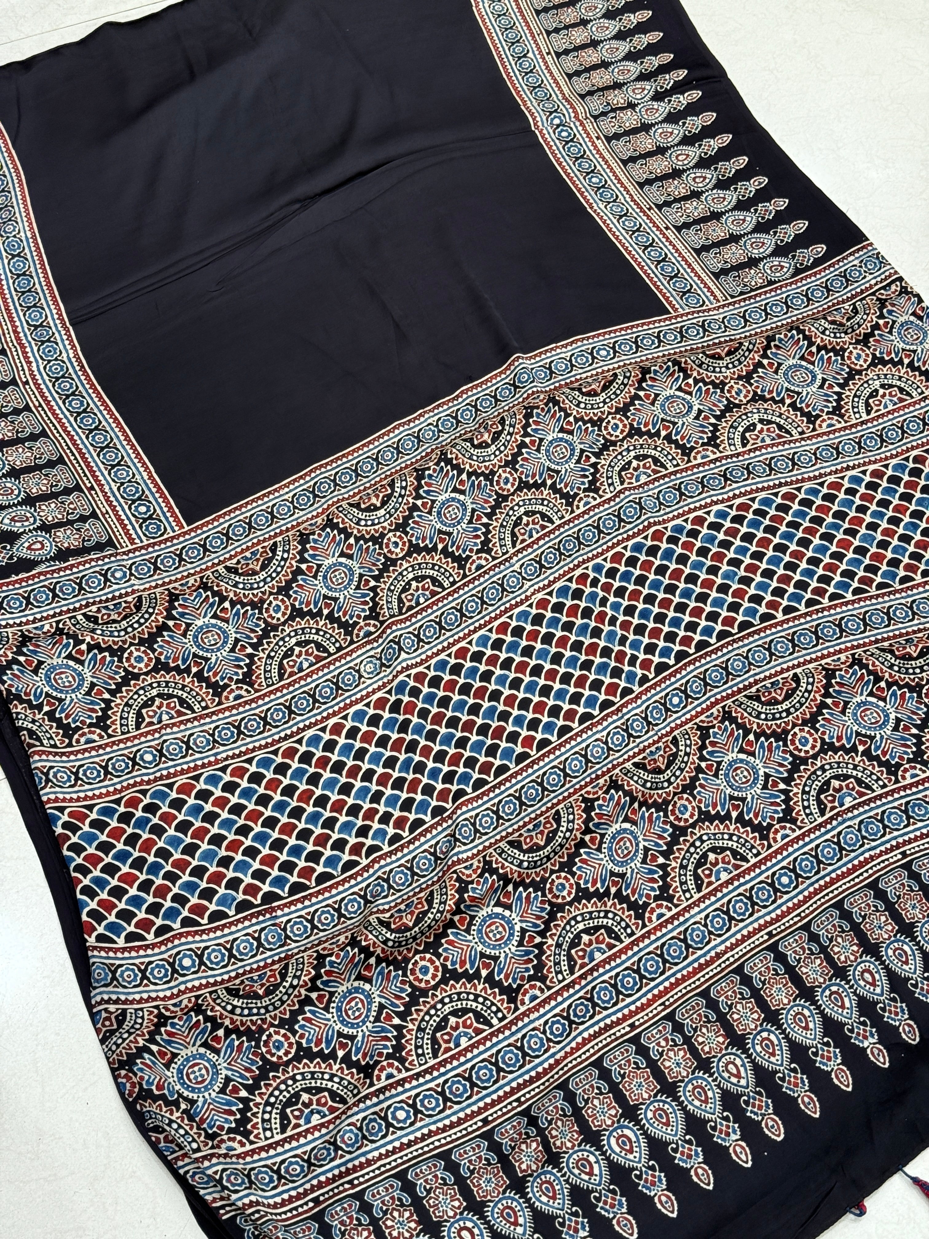 Black Plain Border Modal Gajji Silk Handblock Print Ajrakh Saree