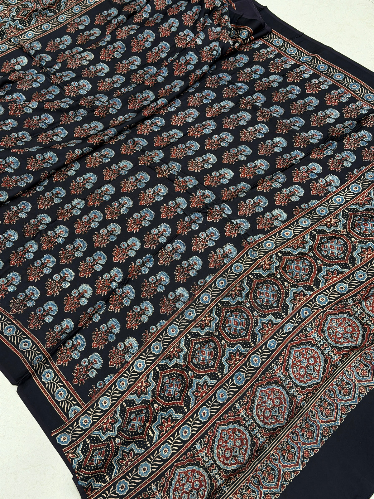 Black Buttas Ajrakh Hand Block Print Pure Gajji Silk Dupatta