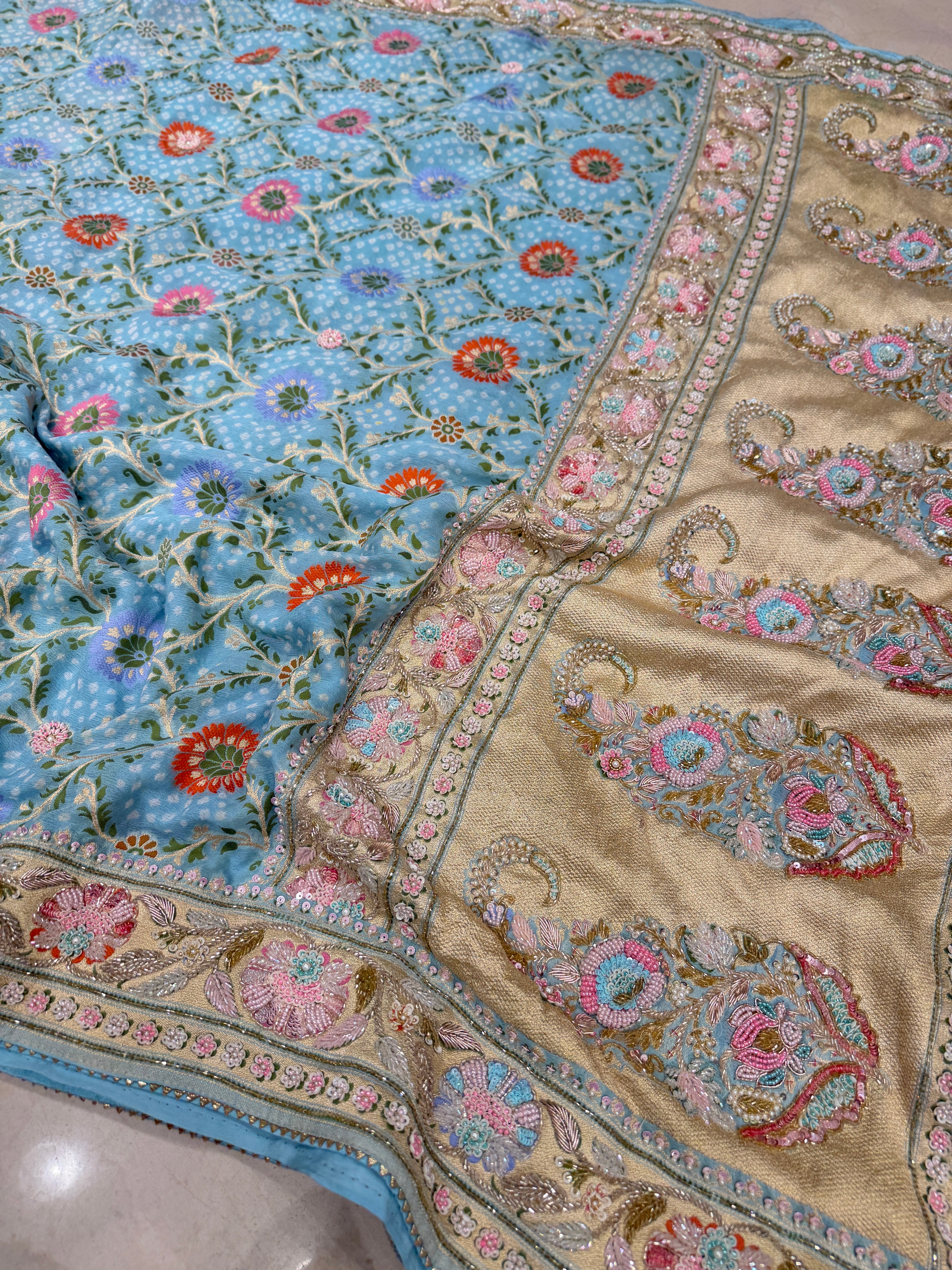 Pastel Blue Meenakari Bandhej Zardodi Kidiya Moti Hand Embroidery Saree