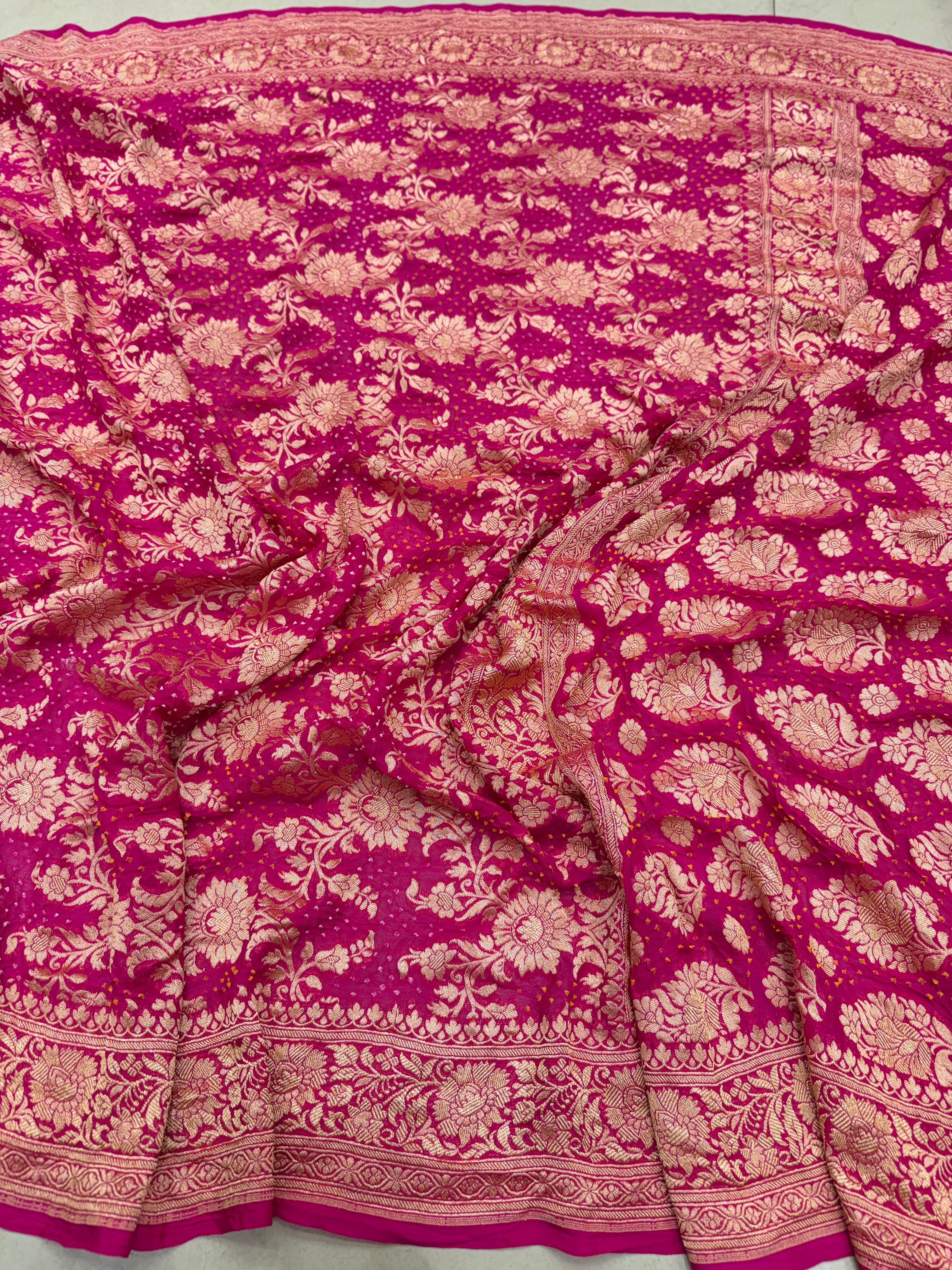 Rani Pink Georgette Handloom Bandhej Bandhini Saree