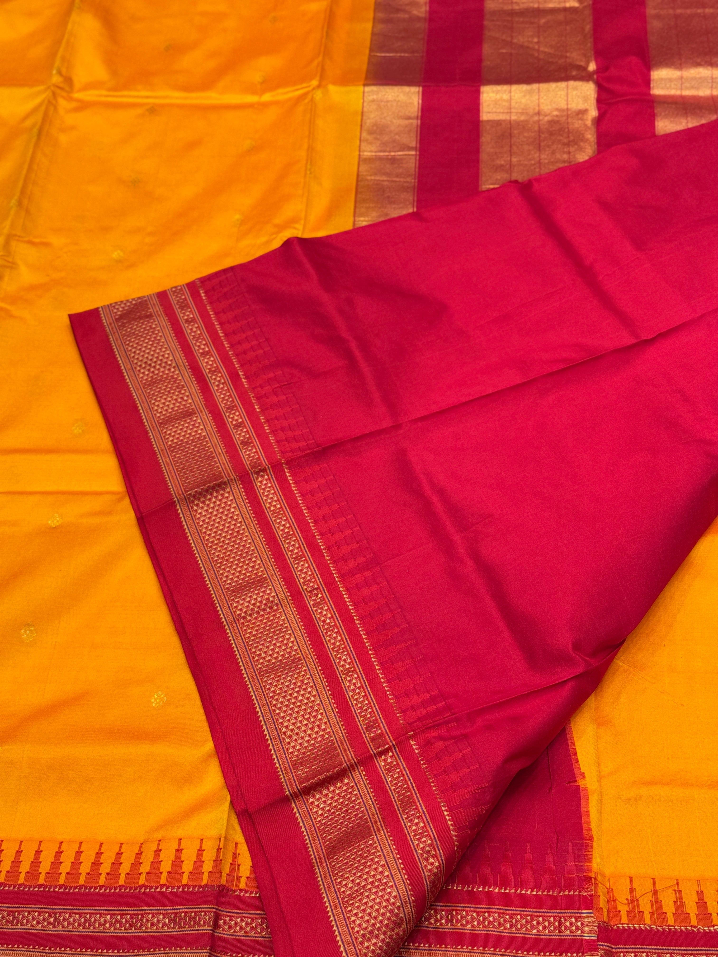 Mustard Yellow Red Silk Saree