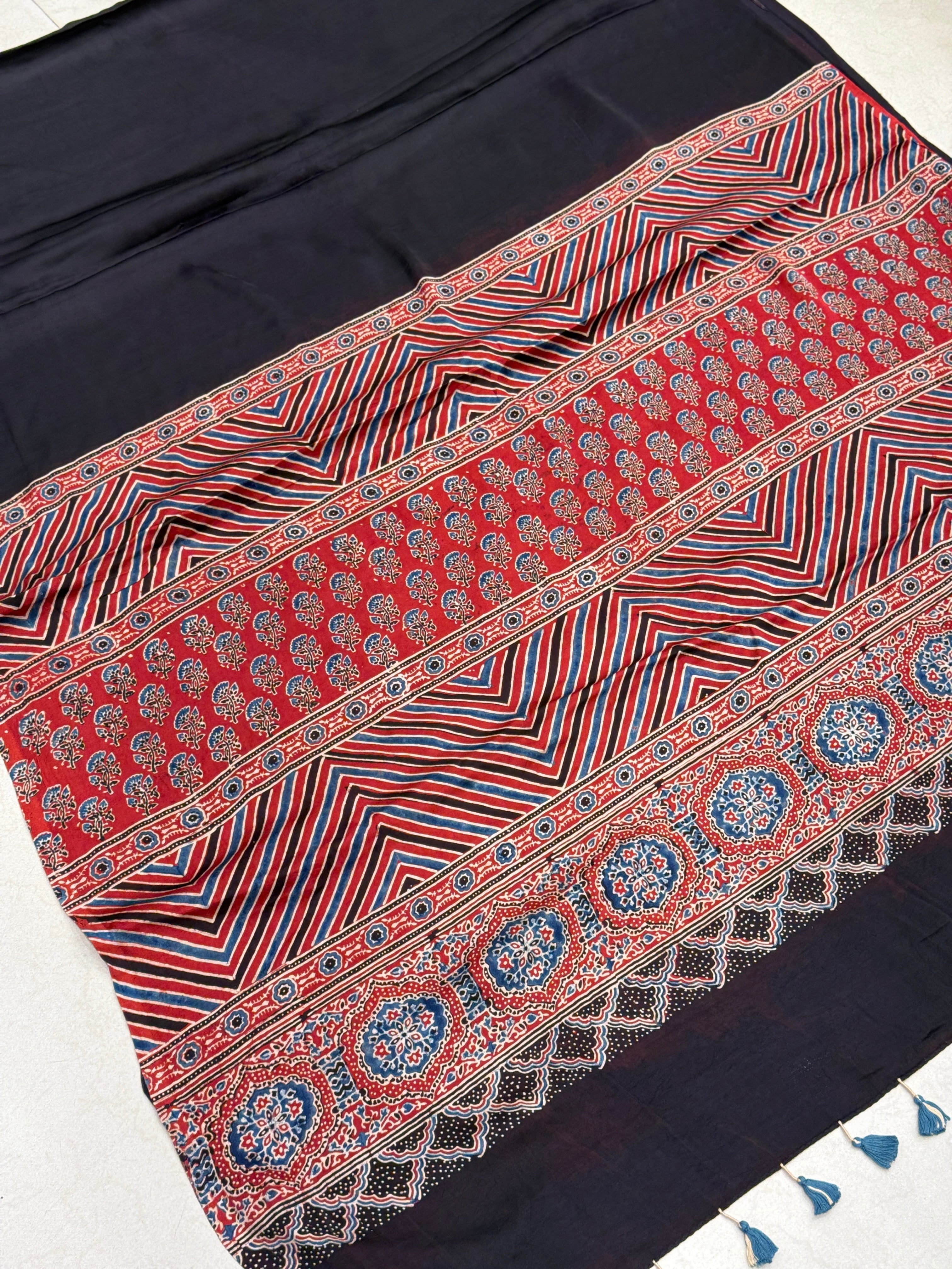 Black Red Pallu Modal Gajji Silk Ajrakh Saree