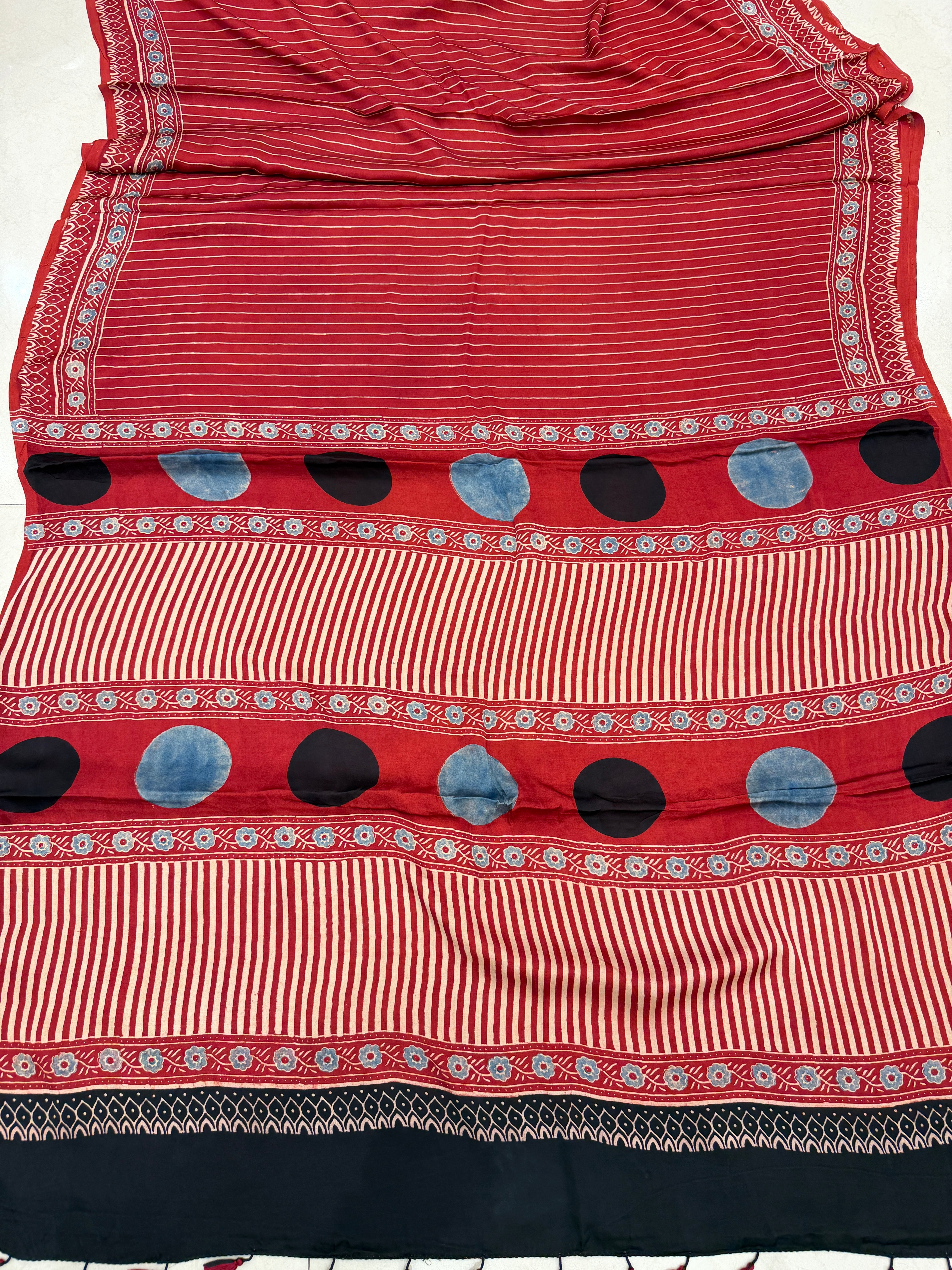 Red Contemporary Moon Pallu Ajrakh Block Print Hand Pure Gajji Silk Saree