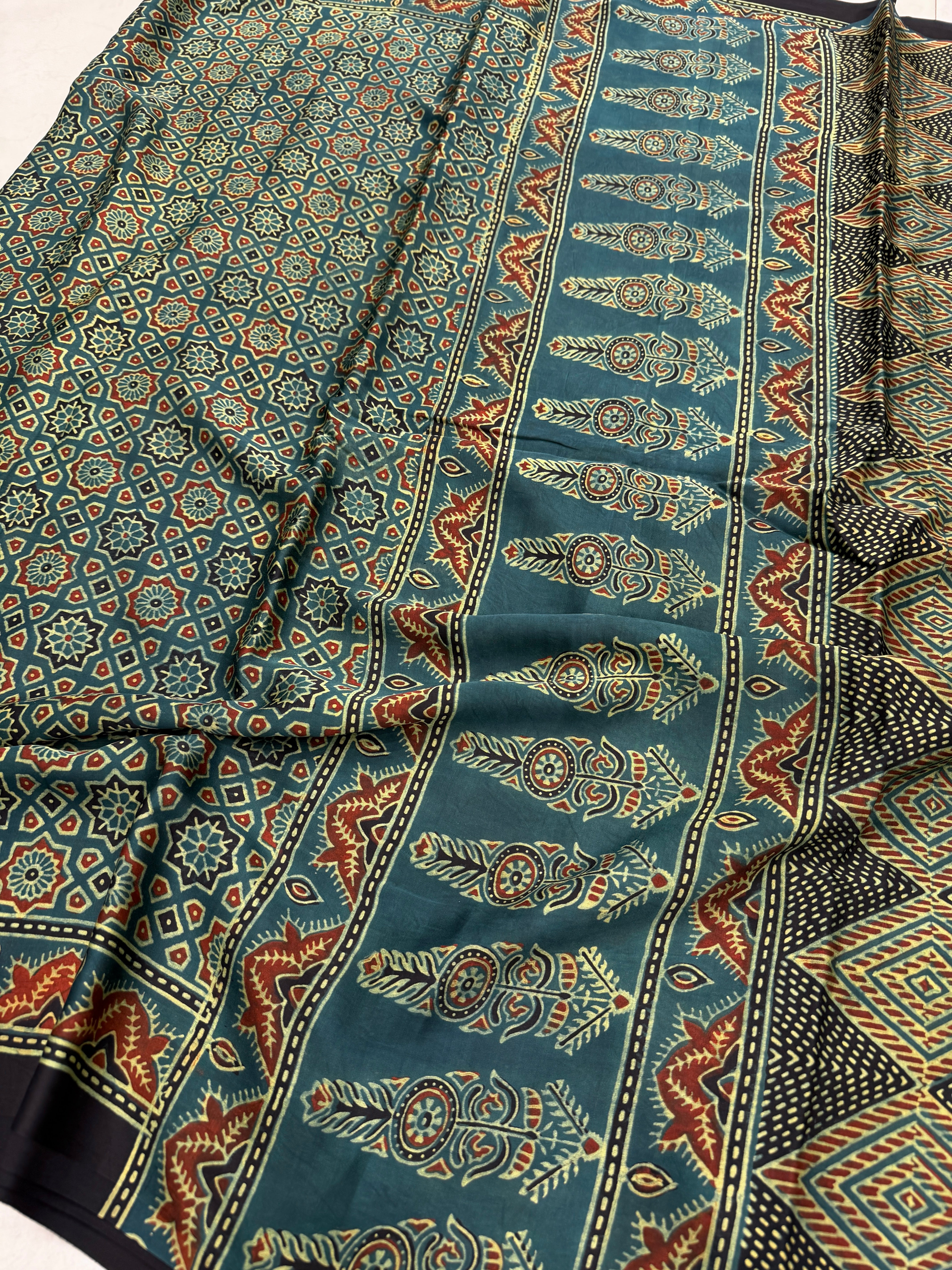 Green Star Buttis Ajrakh Hand Block Print Pure Modal Silk Saree