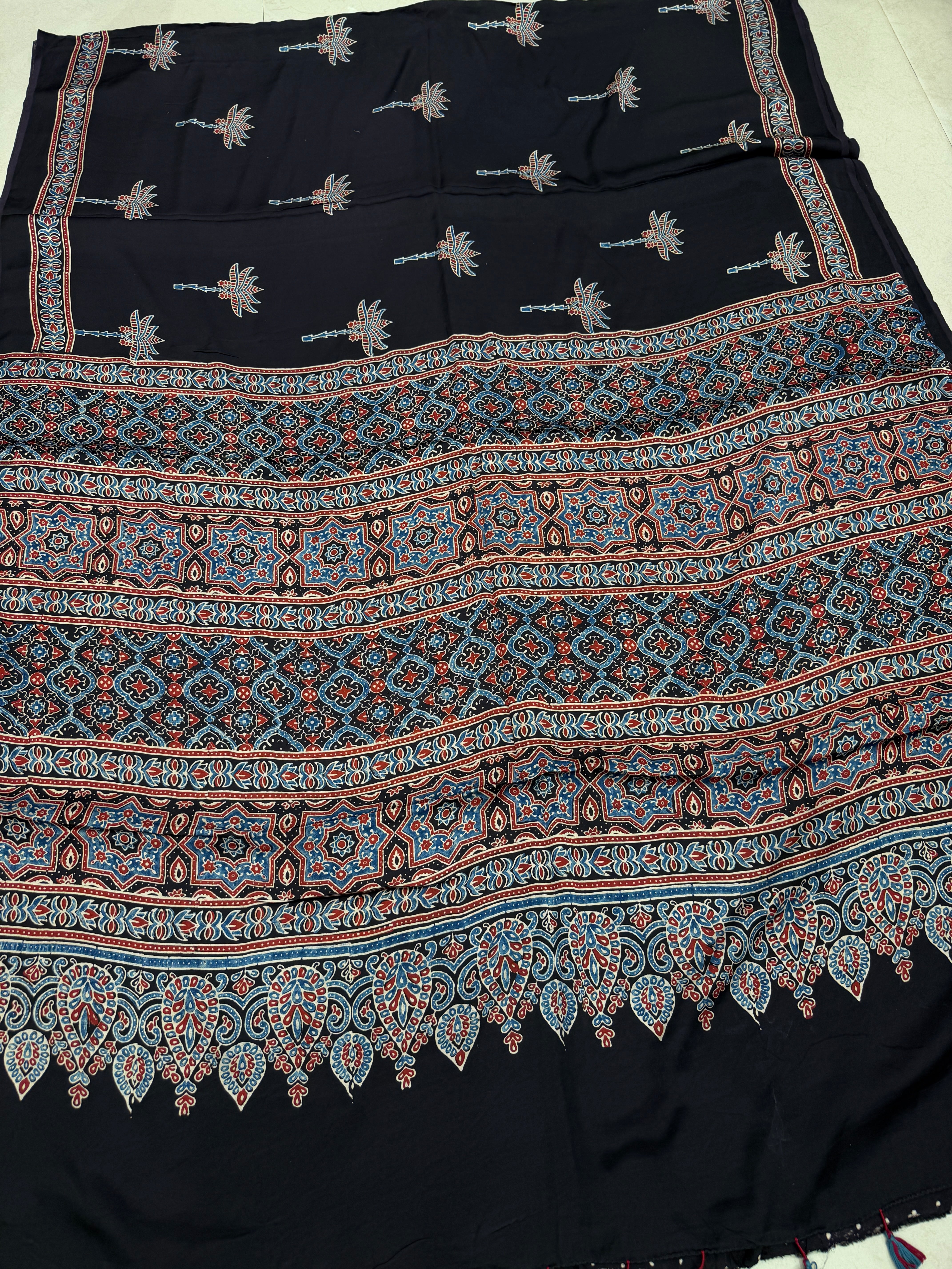 Black Contemporary Buttas Ajrakh Hand Block Print Pure Gajji Silk Saree