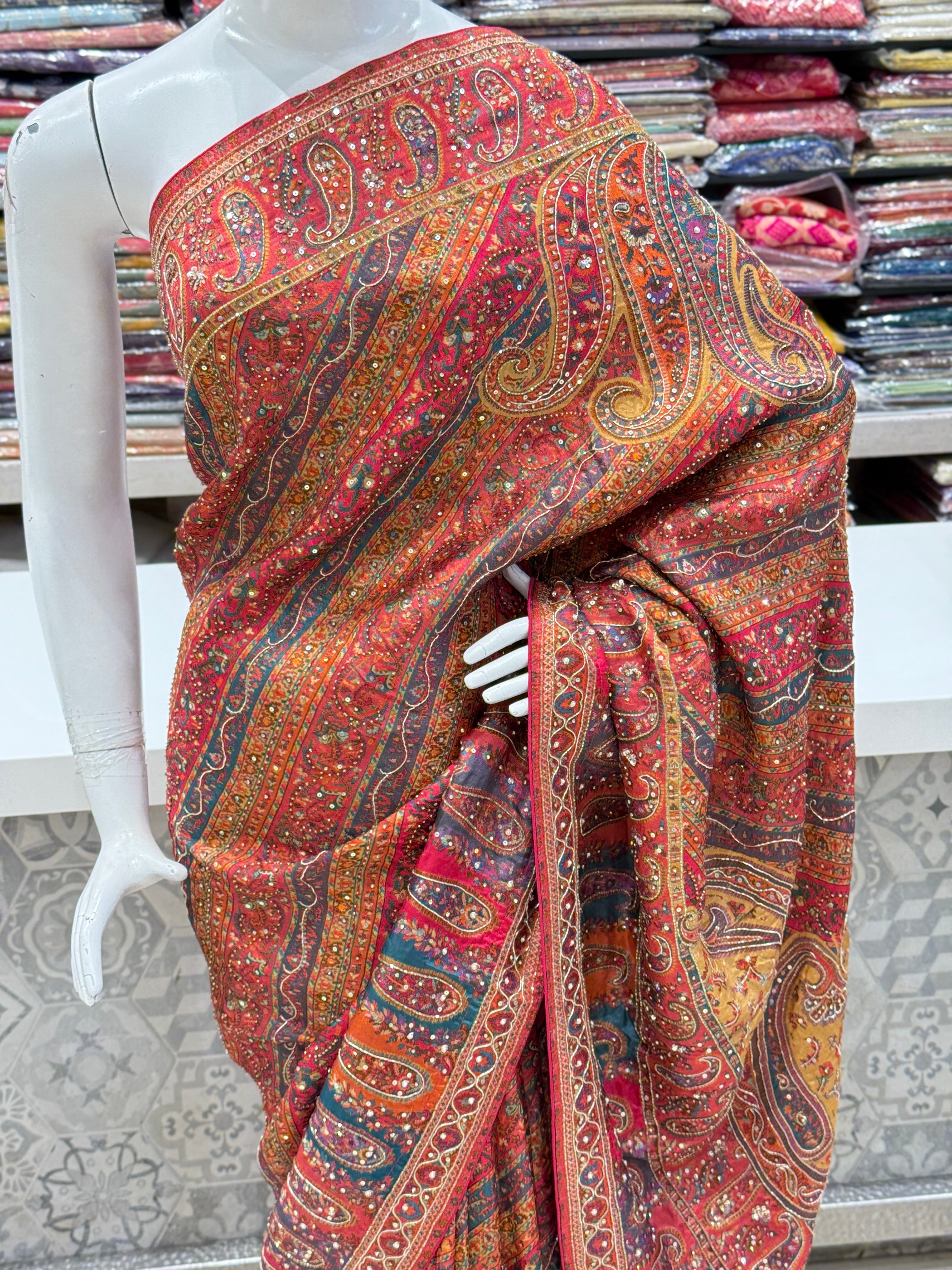 Banarasi Munga Hand Embroidery Saree Pashmina Style