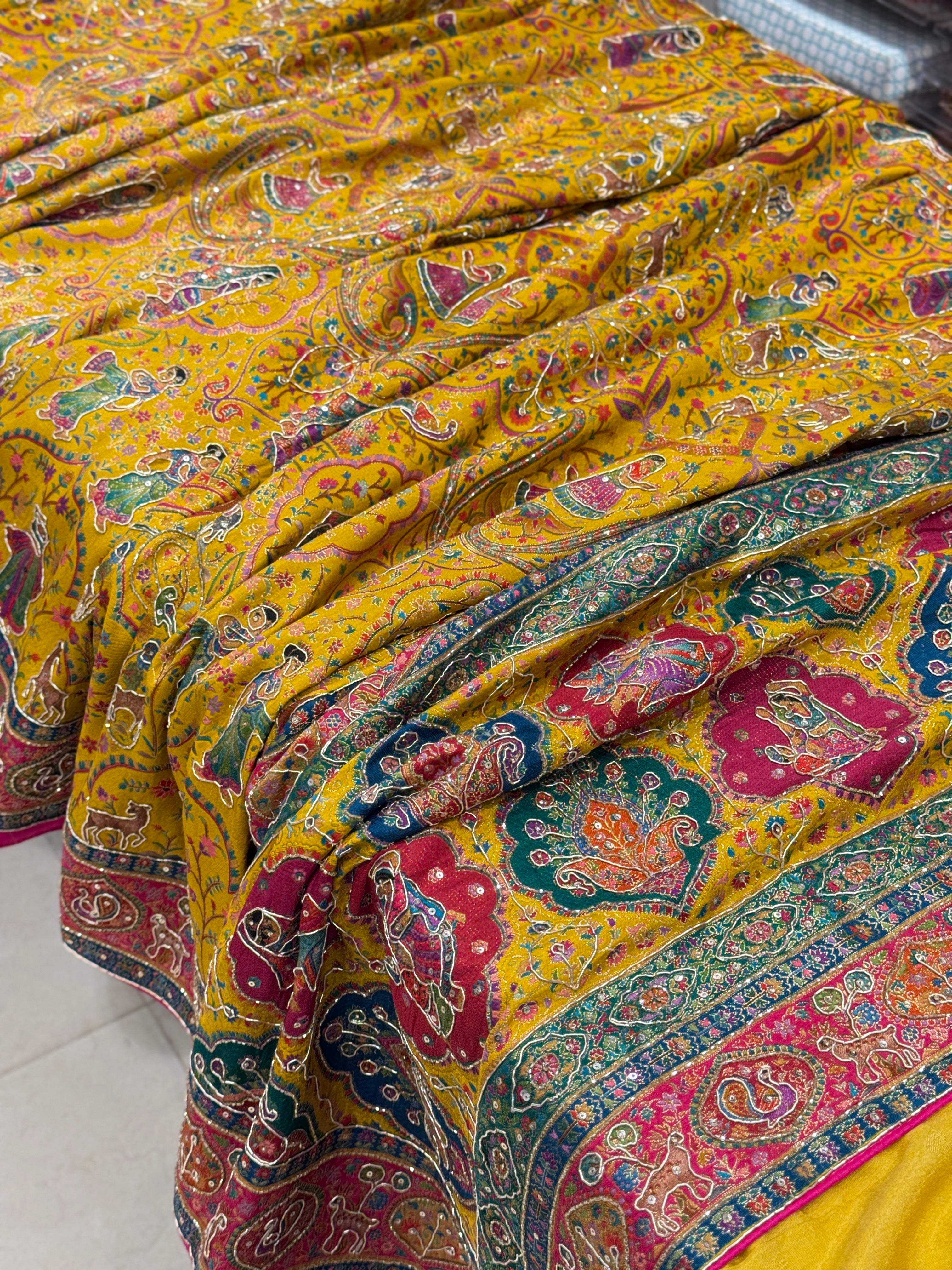 Yellow Pashmina Baluchari Style Hand Embroidery Saree