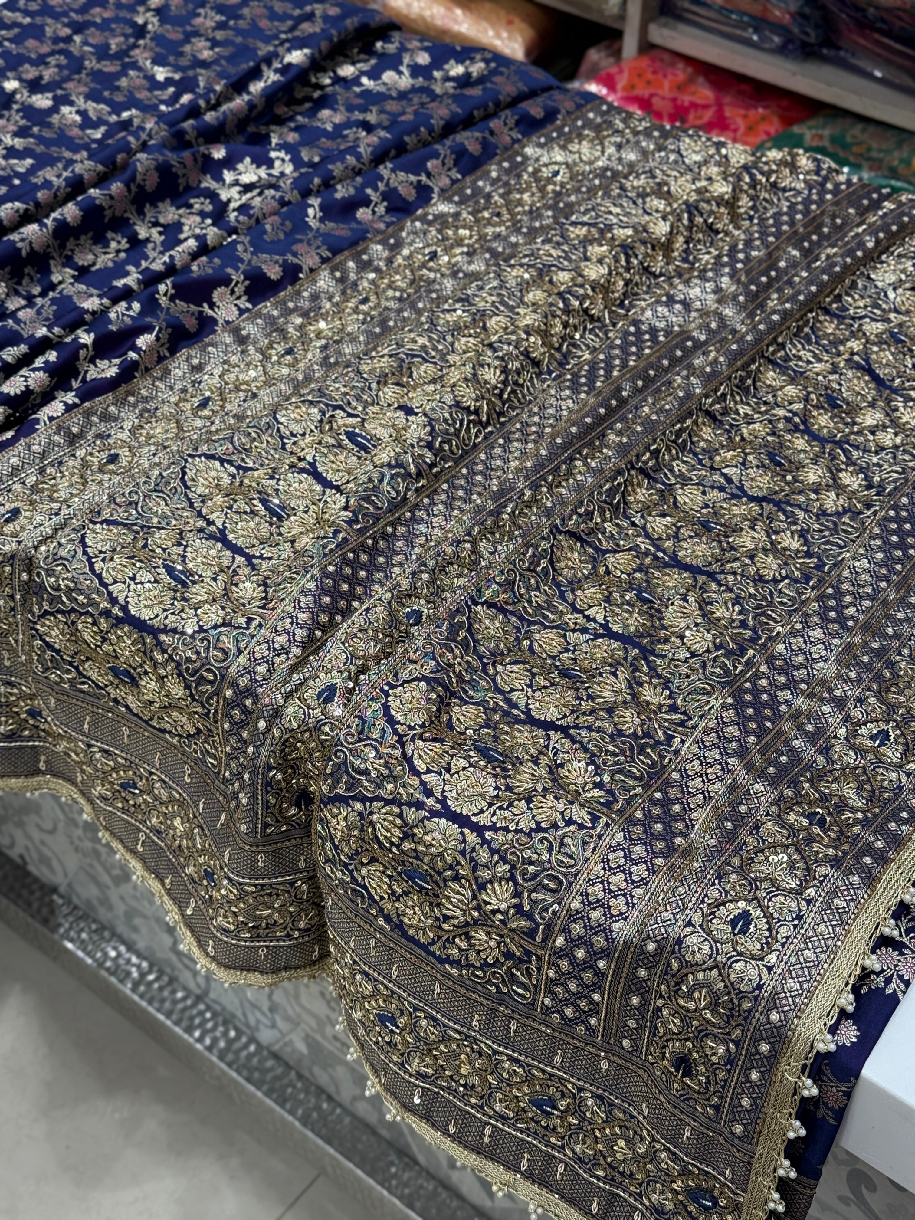 Cross Violet Banarasi Zardosi Resham Hand Embroidery Heart Border Saree