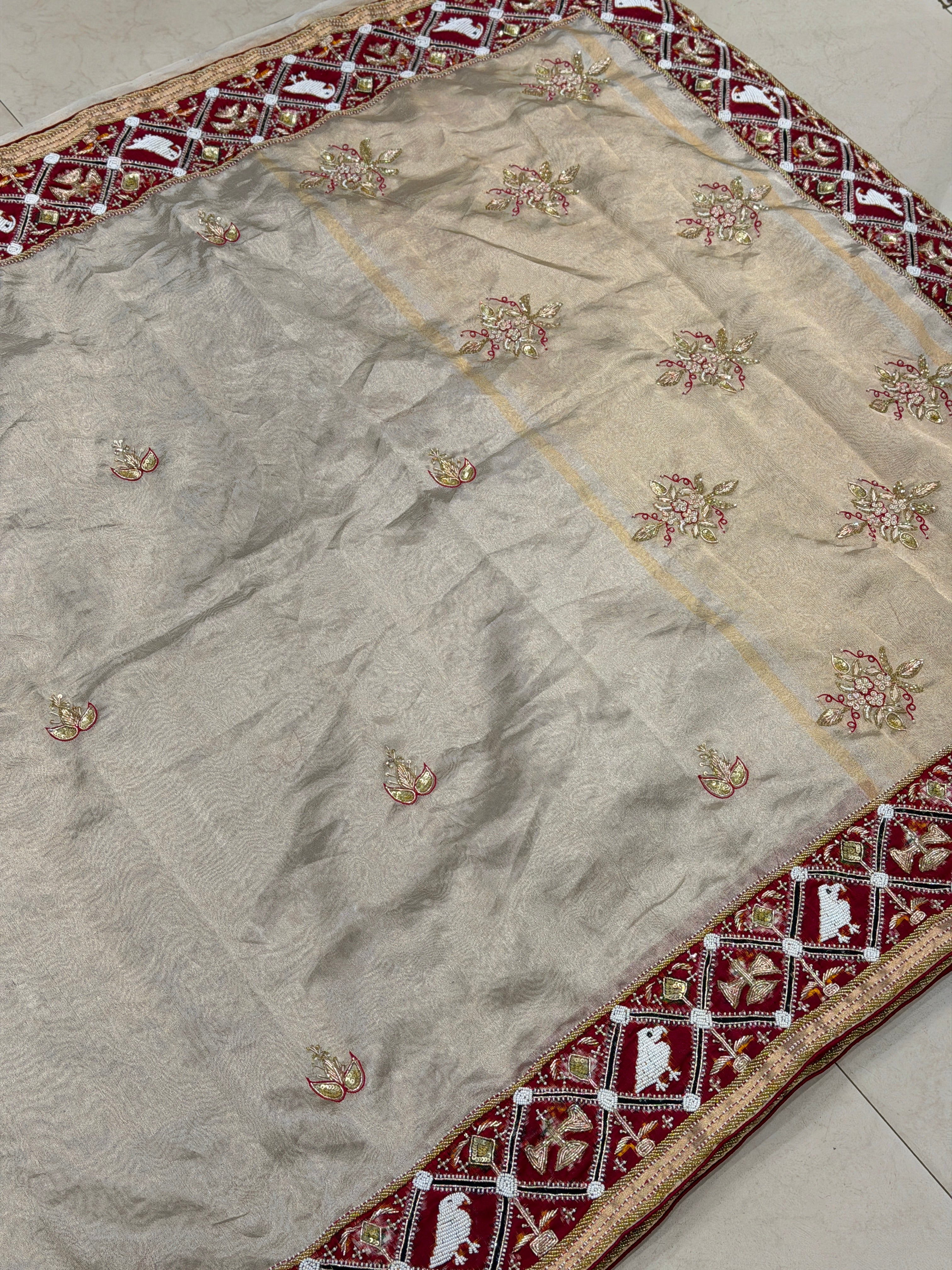 Silver Tissue Patan Patola Border Hand Embroidery Fusion Saree