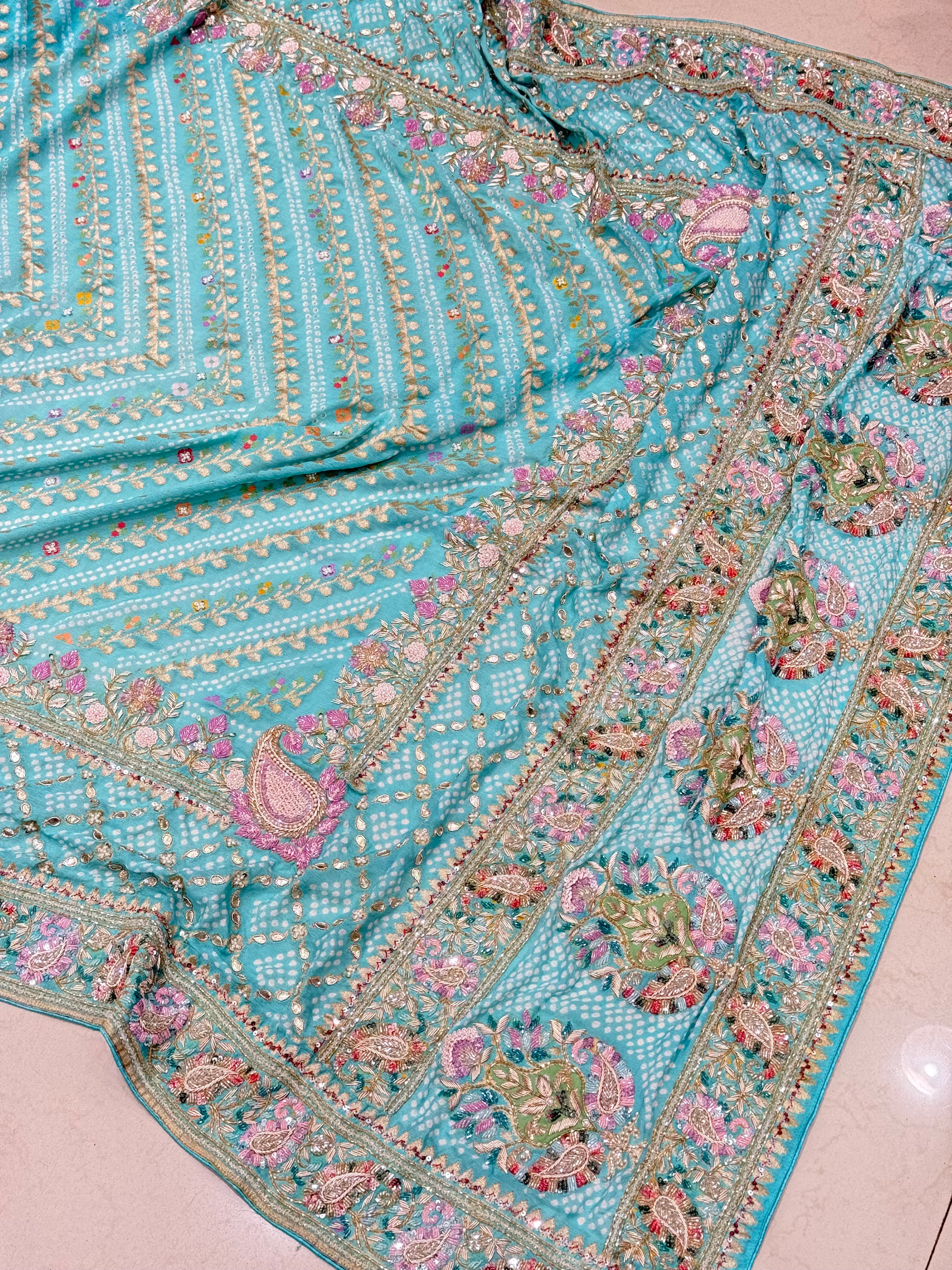 Pastel Bandhej Meenakari Hand Embroidery Saree