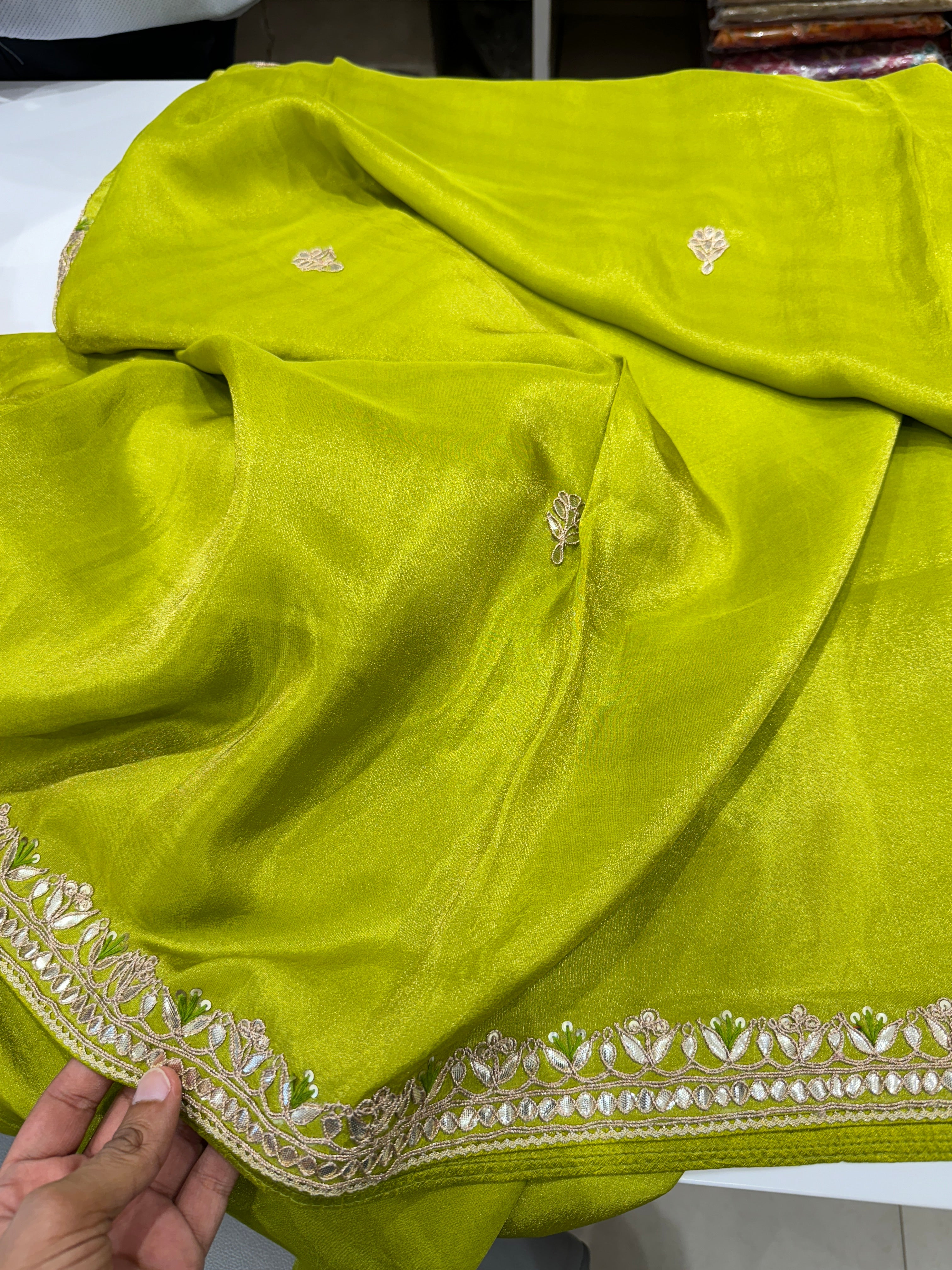 Green Crepe Tissue Gotapatti Embroidery Saree