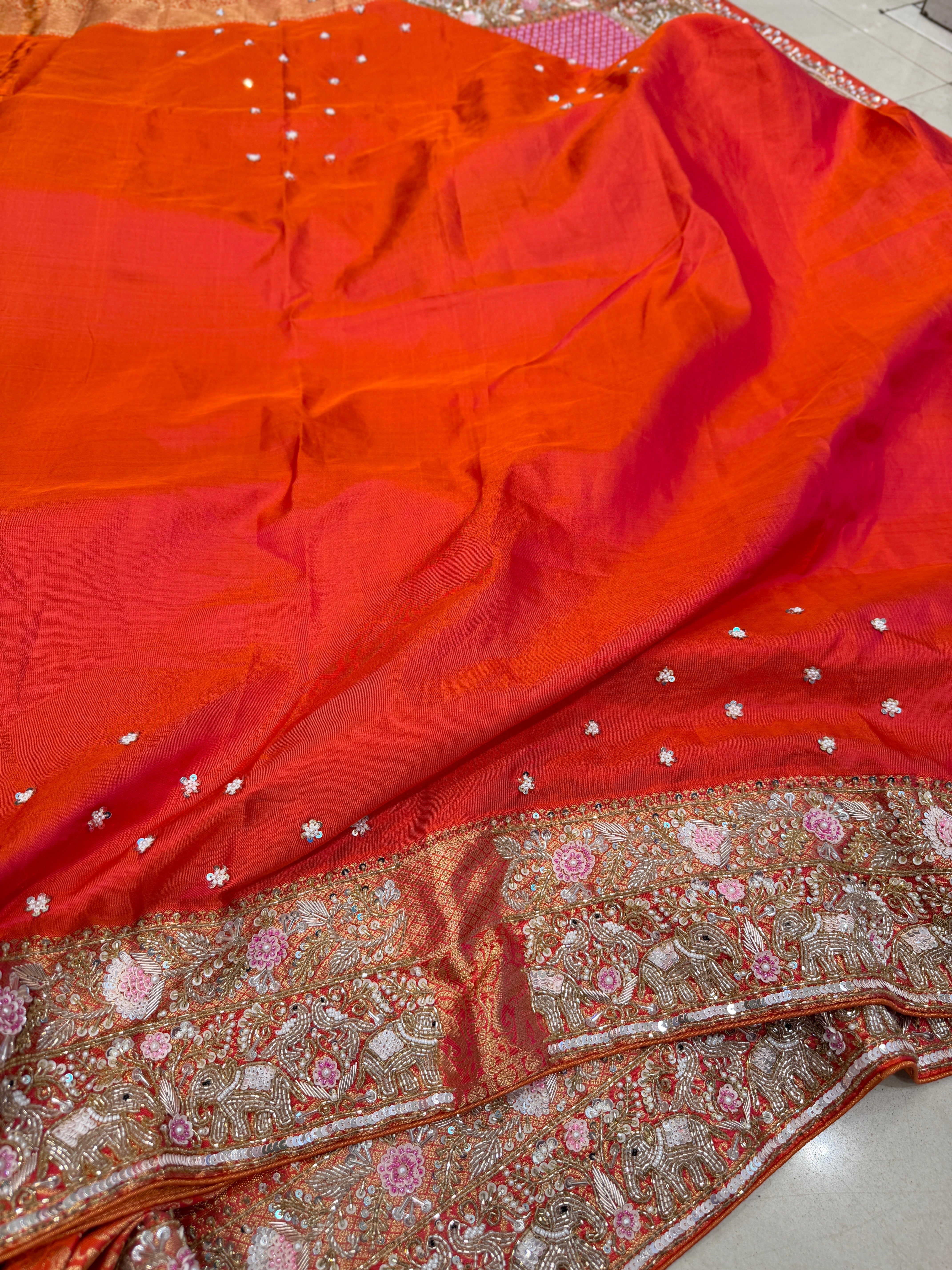 Orange Kanjivaram Elephant Motif Zardosi Moti Hand Embroidery Saree